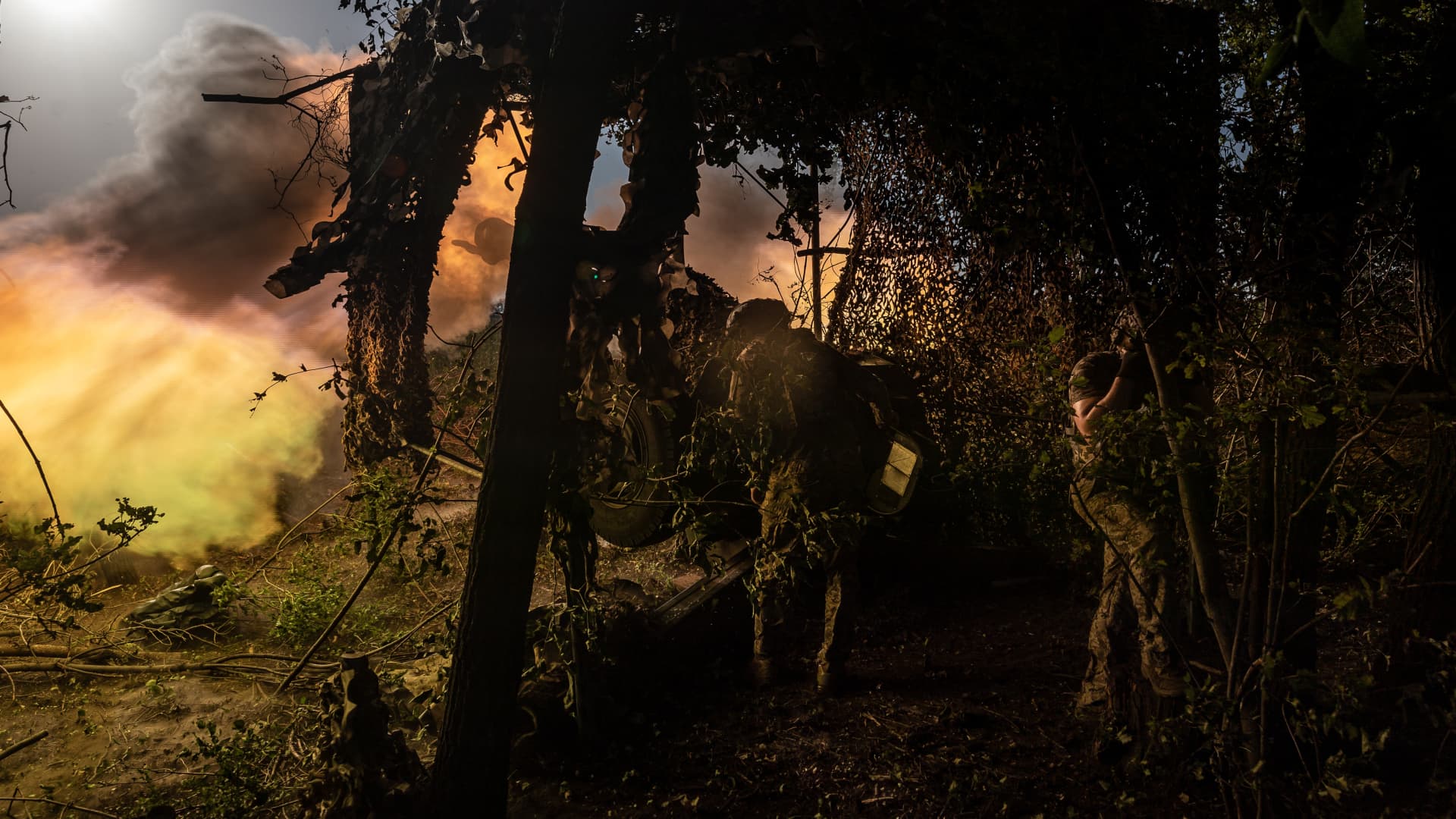 Ukrainian soldiers fire artillery on Russian positions on the frontline in the city of Avdiivka, Donetsk Oblast, Ukraine on July 27, 2023 amid Russia-Ukraine war.