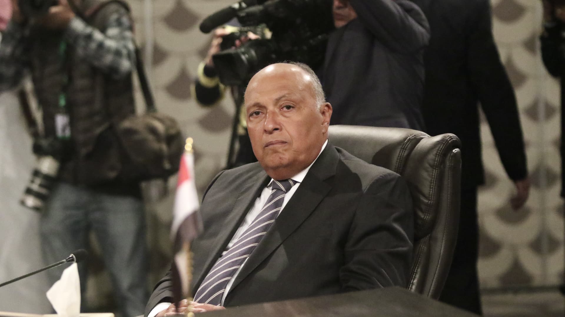 Egyptian Foreign Minister Sameh Shoukry is welcomed by Jordanian foreign minister Ayman Al-Safadi on May 1, 2023 in Amman, Jordan.