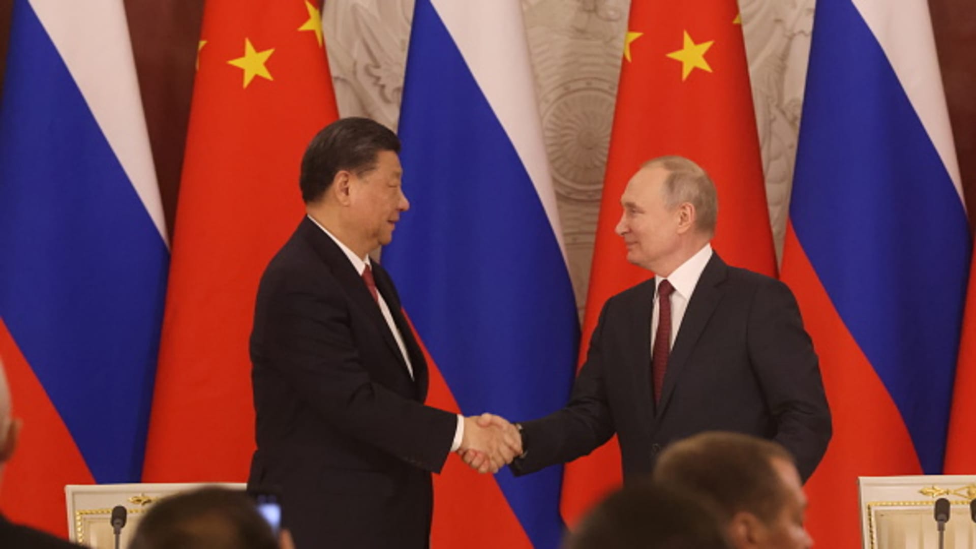 Chinese President Xi Jinping and Russian President Vladimir Putin at the Grand Kremlin Palace on March 21, 2023, in Moscow.