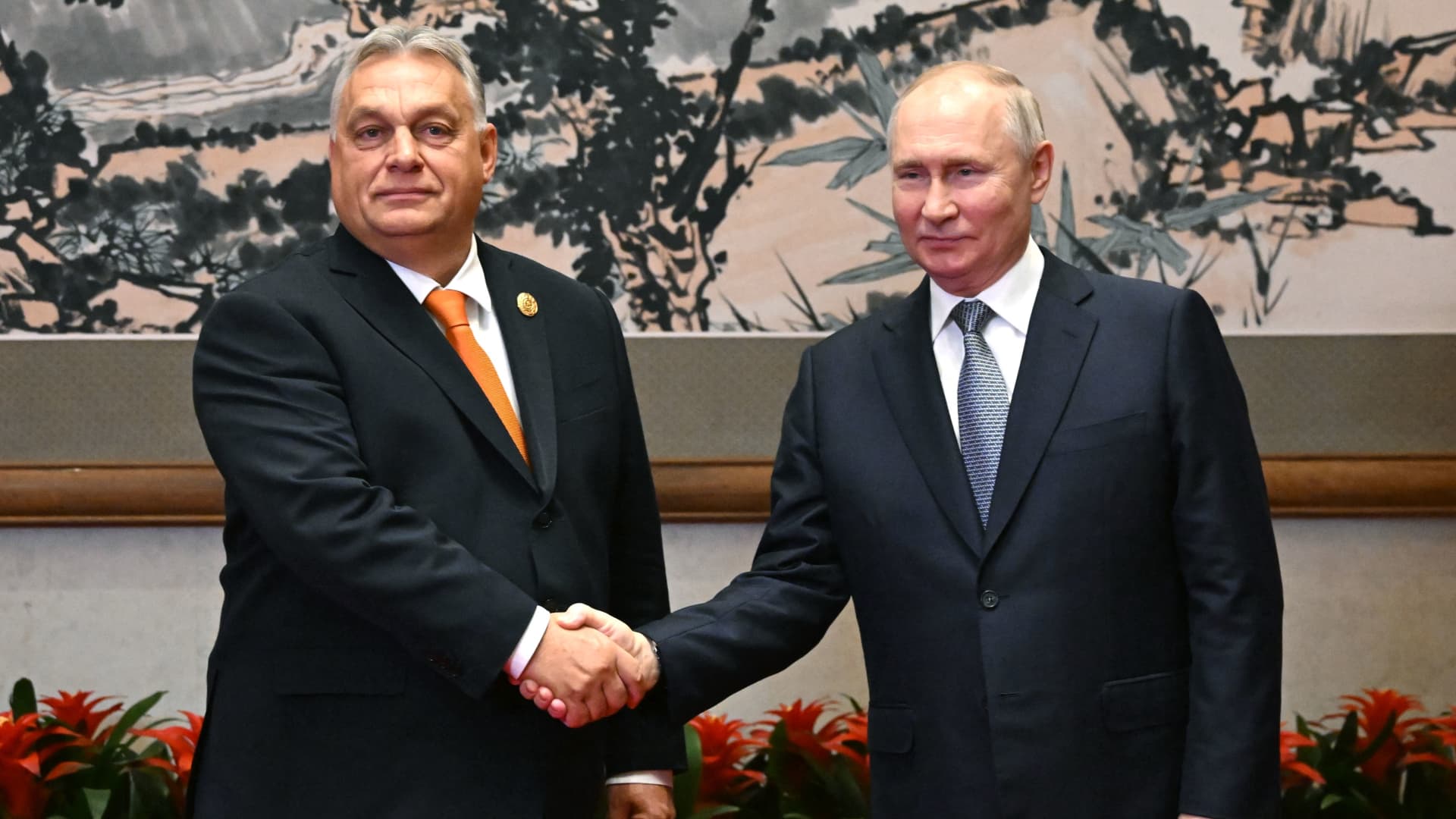 Russian President Vladimir Putin meeting Hungarian Prime Minister Viktor Orban at the third Belt and Road forum in Beijing.