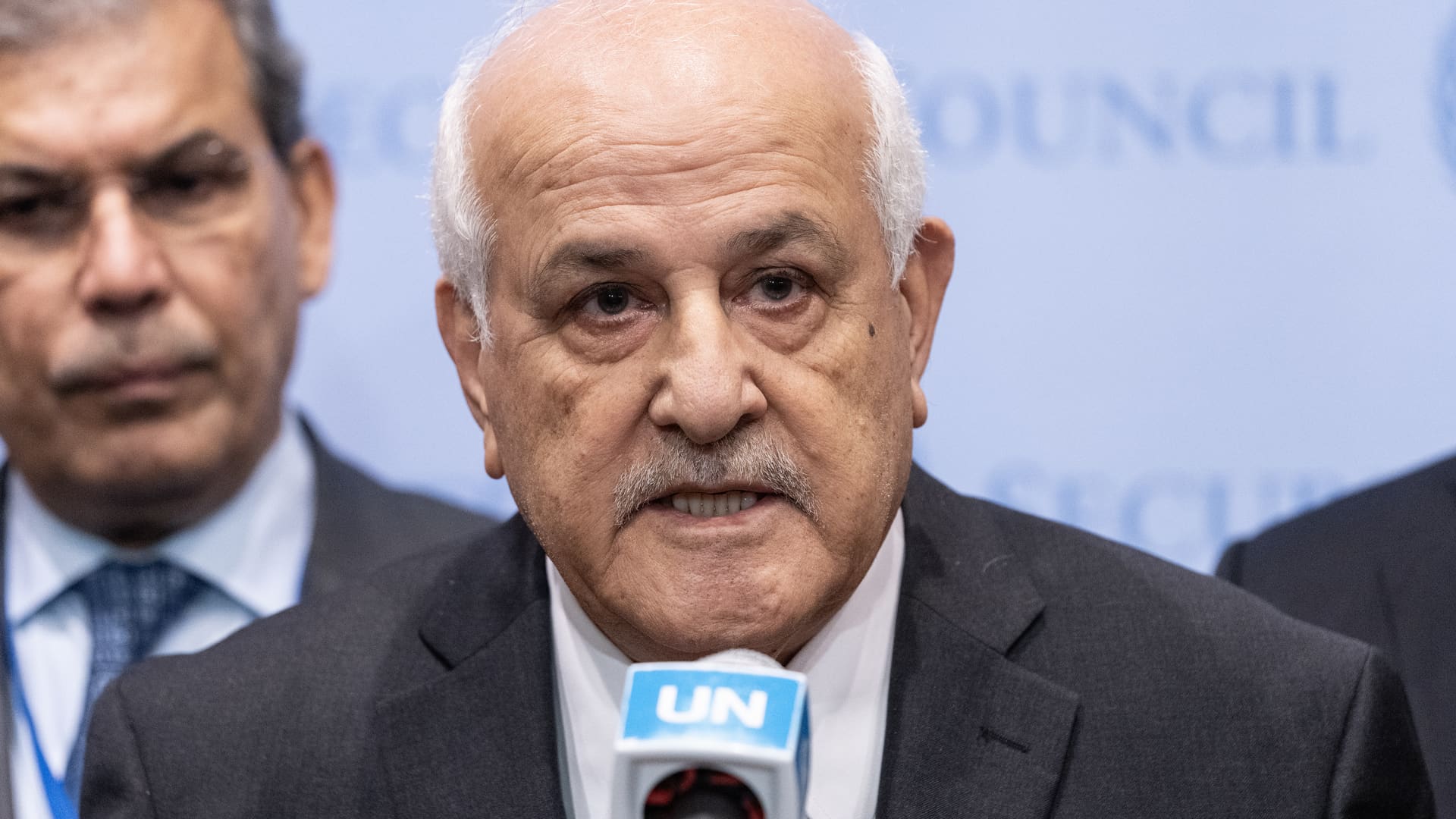 State of Palestine Ambassador Riyad Mansour speaks to the press before the start of the closed doors Security Council meeting on the situation in the Middle East at UN Headquarters. (Photo by Lev Radin/Pacific Press/LightRocket via Getty Images)