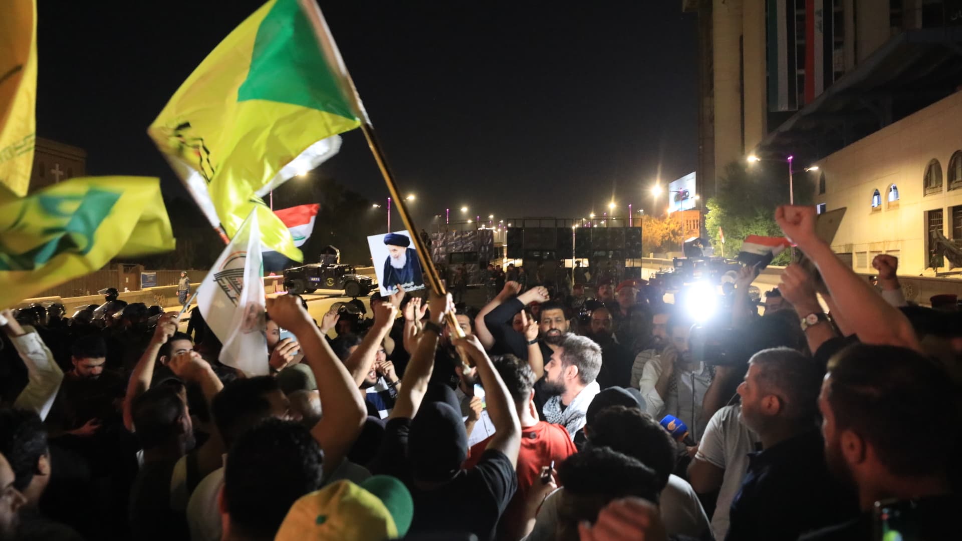 People gather in Tahrir Square of Baghdad, Iraq to protest against Israeli airstrike on Al-Ahli Baptist Hospital in Gaza as Israeli attacks continue, on October 18, 2023.