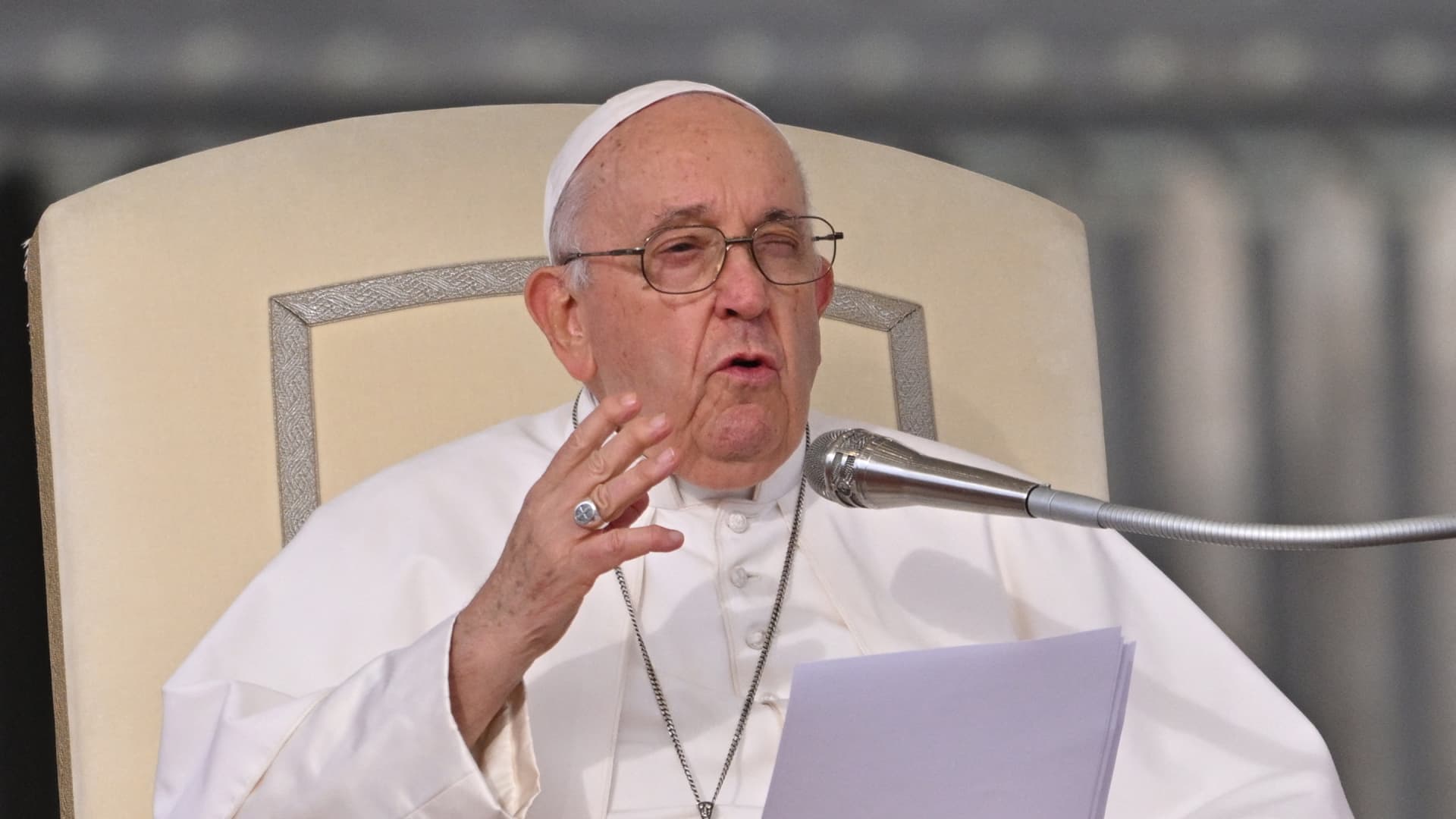 Pope Francis speaks during the weekly general audience at St Peter's square in The Vatican on October 18, 2023.
