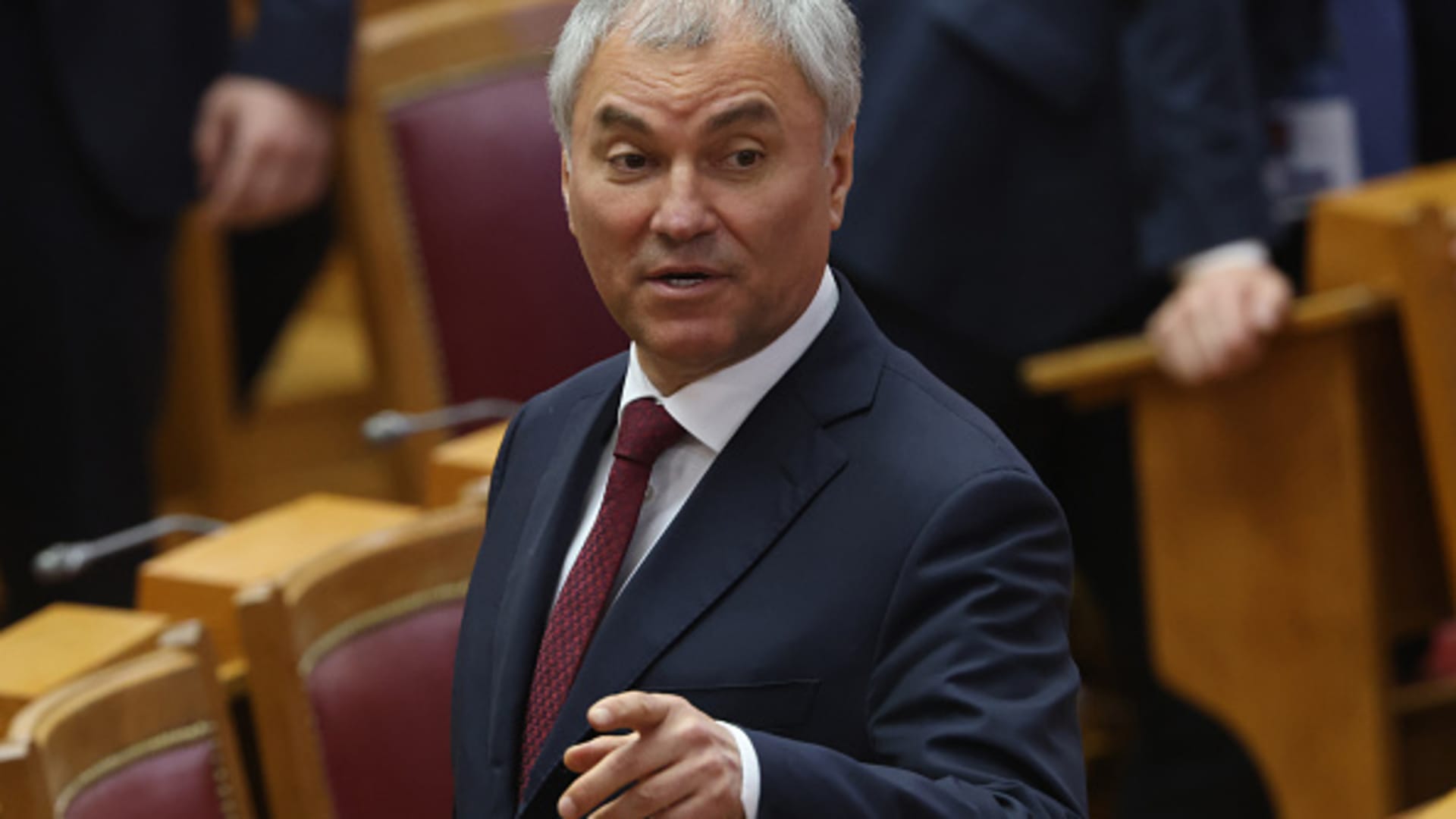 Russian State Duma chairman, Vyacheslav Volodin, at the Council of Lawmakers annual plenary session on April 27, 2023, in St. Petersburg, Russia.