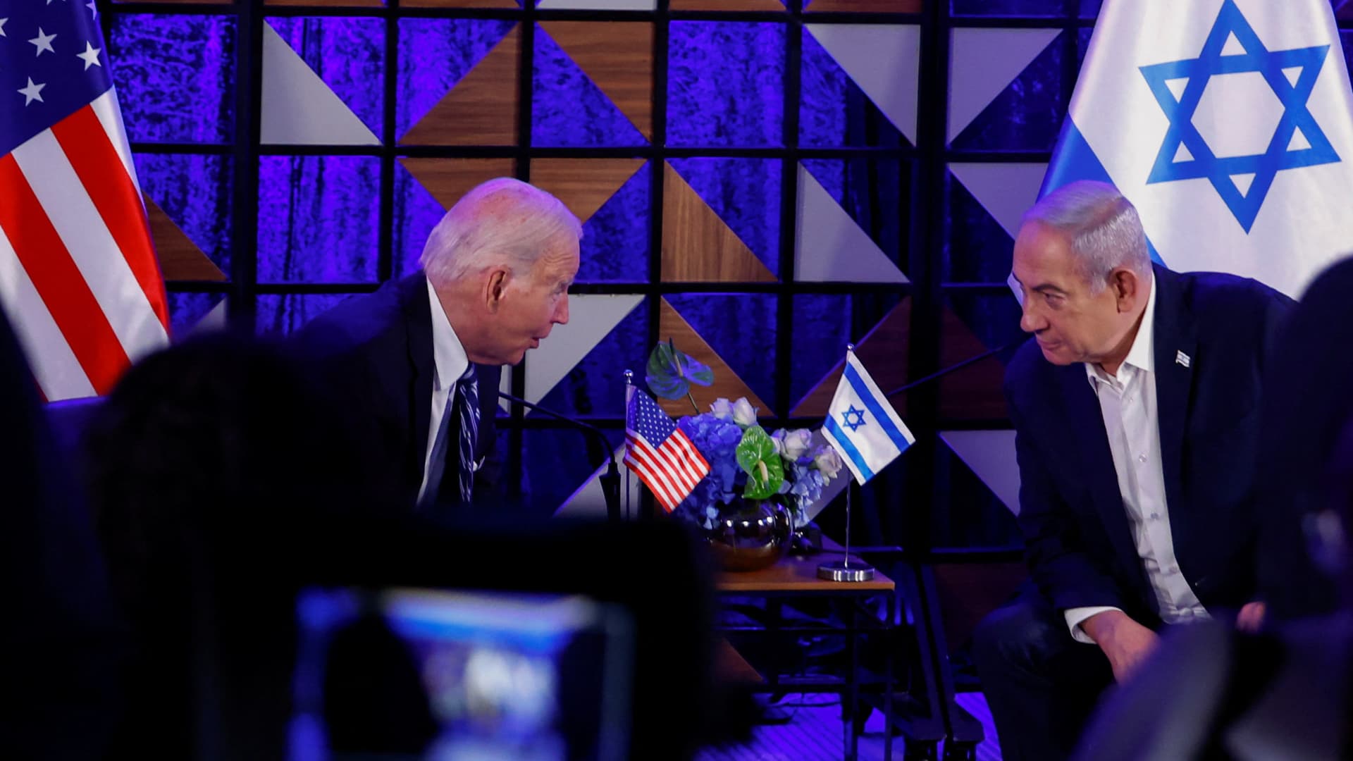 U.S. President Joe Biden attends a meeting with Israeli Prime Minister Benjamin Netanyahu, as he visits Israel amid the ongoing conflict between Israel and Hamas, in Tel Aviv, Israel, October 18, 2023. 
