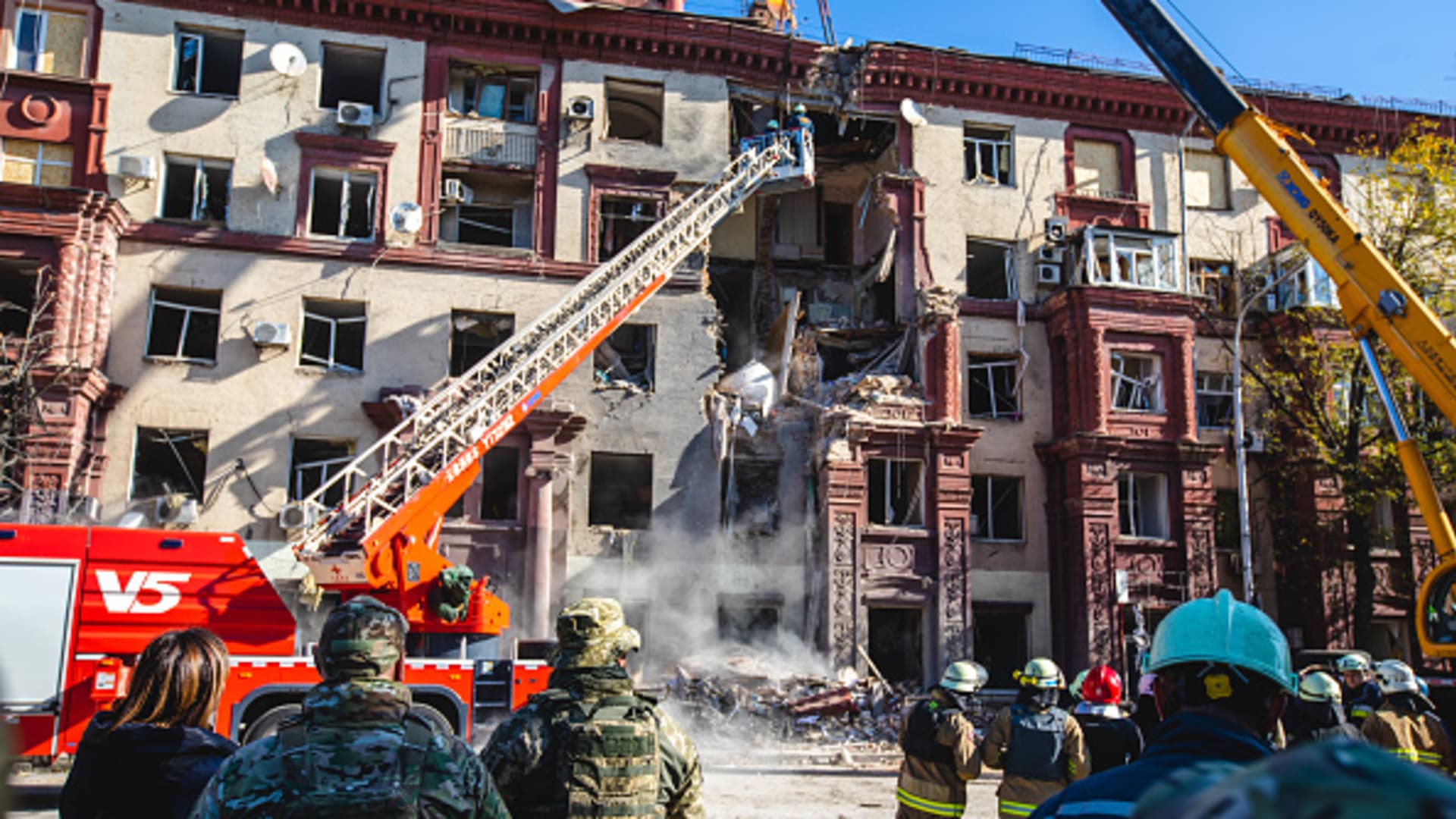 Ukrainian search and rescue team conduct operation in rubble of a residential building that destroyed following Russian rocket attack as Russia and Ukraine war continue in Zaporizhzhia, southeastern Ukraine on October 18, 2023. 