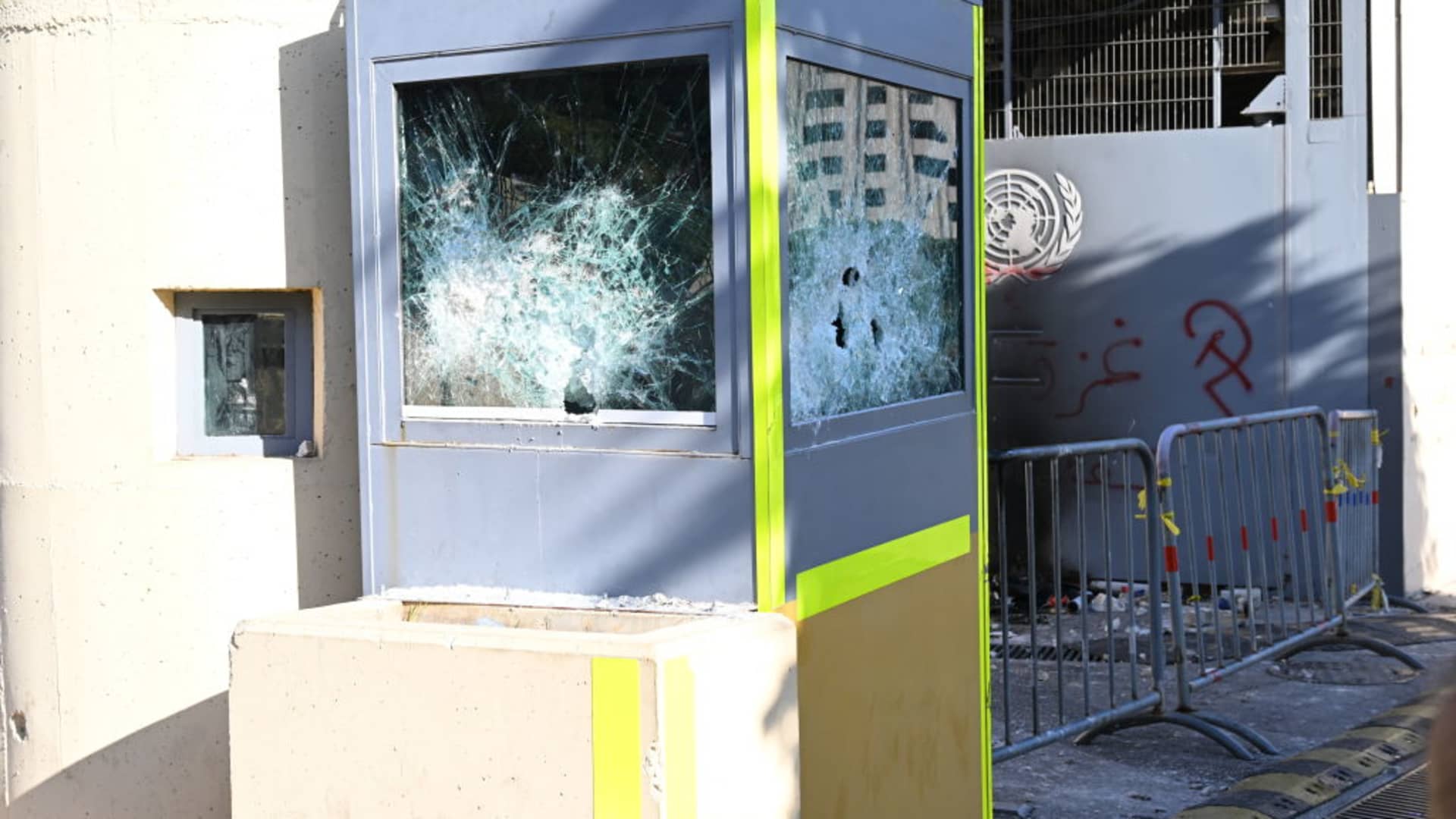 A view of broken windows of the United Nations building after the demonstrators threw stones to show their reaction to the bombing of the Al-Ahli Baptist Hospital in Gaza, on October 18, 2023 in Beirut, Lebanon. 