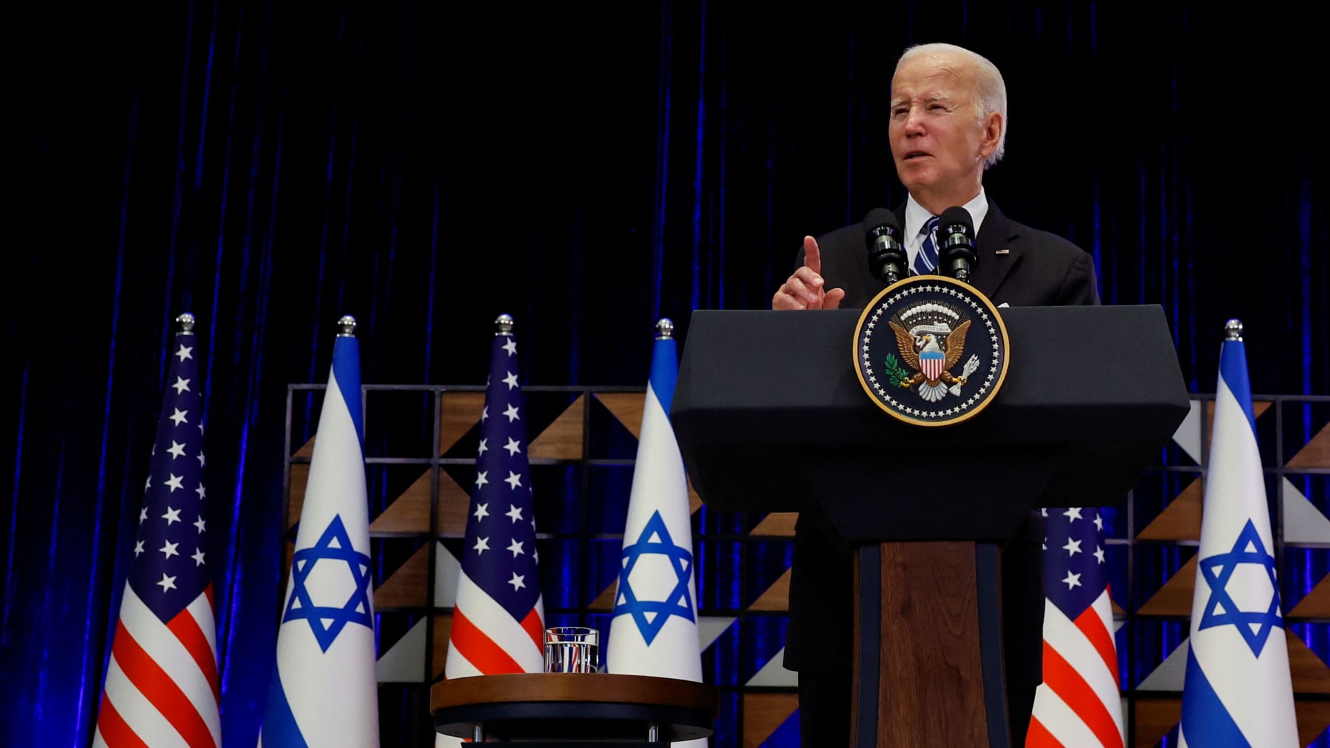 U.S. President Joe Biden speaks during a visit to Israel amid the war between Israel and Hamas, in Tel Aviv, Oct. 18, 2023.
