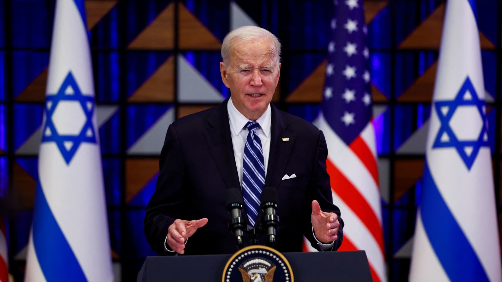 U.S. President Joe Biden delivers remarks as he visits Israel amid the ongoing conflict between Israel and Hamas, in Tel Aviv, Israel, October 18, 2023. 