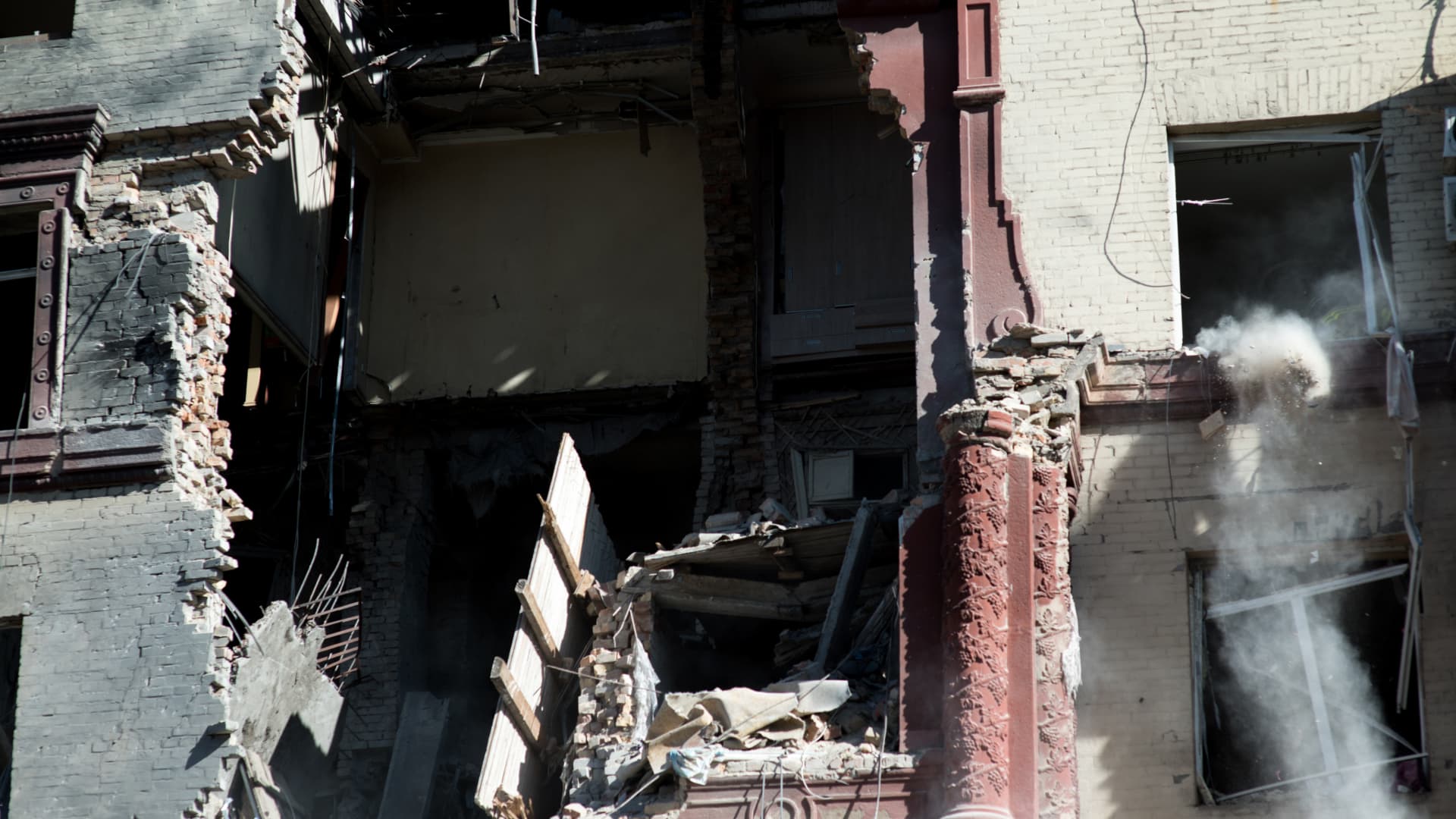 Residential building damaged as a result of a missile attack on October 18, 2023 in Zaporizhzhia, Ukraine. Four people were killed, three were injured, and three are reported missing.