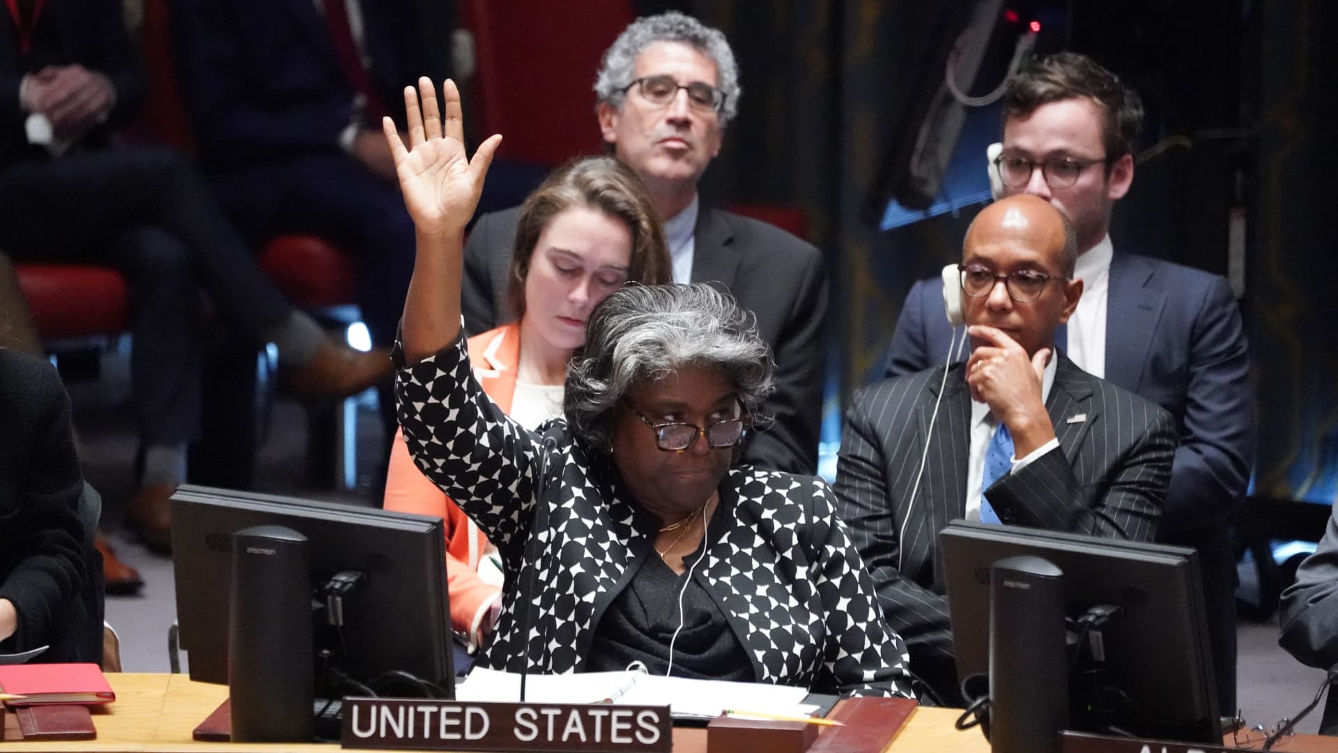 U.S. Ambassador to the United Nations Linda Thomas-Greenfield votes on a resolution regarding the situation in Israel and Gaza at a U.N. Security Council meeting in New York, Oct. 18, 2023.