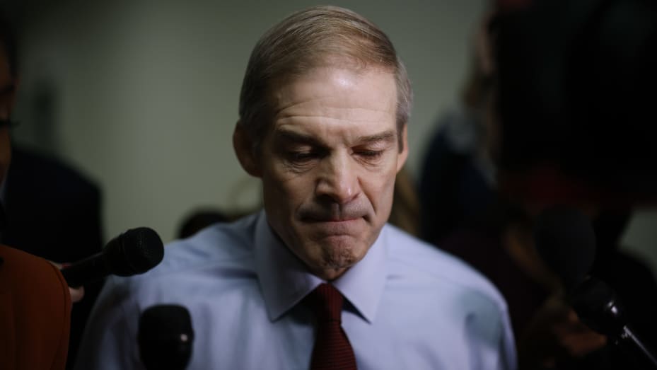 WASHINGTON, DC - OCTOBER 18: House Judiciary Committee Chairman Jim Jordan (R-OH) talks to reporters as he heads from his office in the Rayburn House Office Building to the U.S. Capitol on October 18, 2023 in Washington, DC. Jordan failed in his bid to become Speaker of the House on Tuesday after all Democrats and 20 members of his own party declined to vote for him. The House has been without an elected leader since Rep. Kevin McCarthy (R-CA) was ousted from the speakership on October 4 in a move led by a