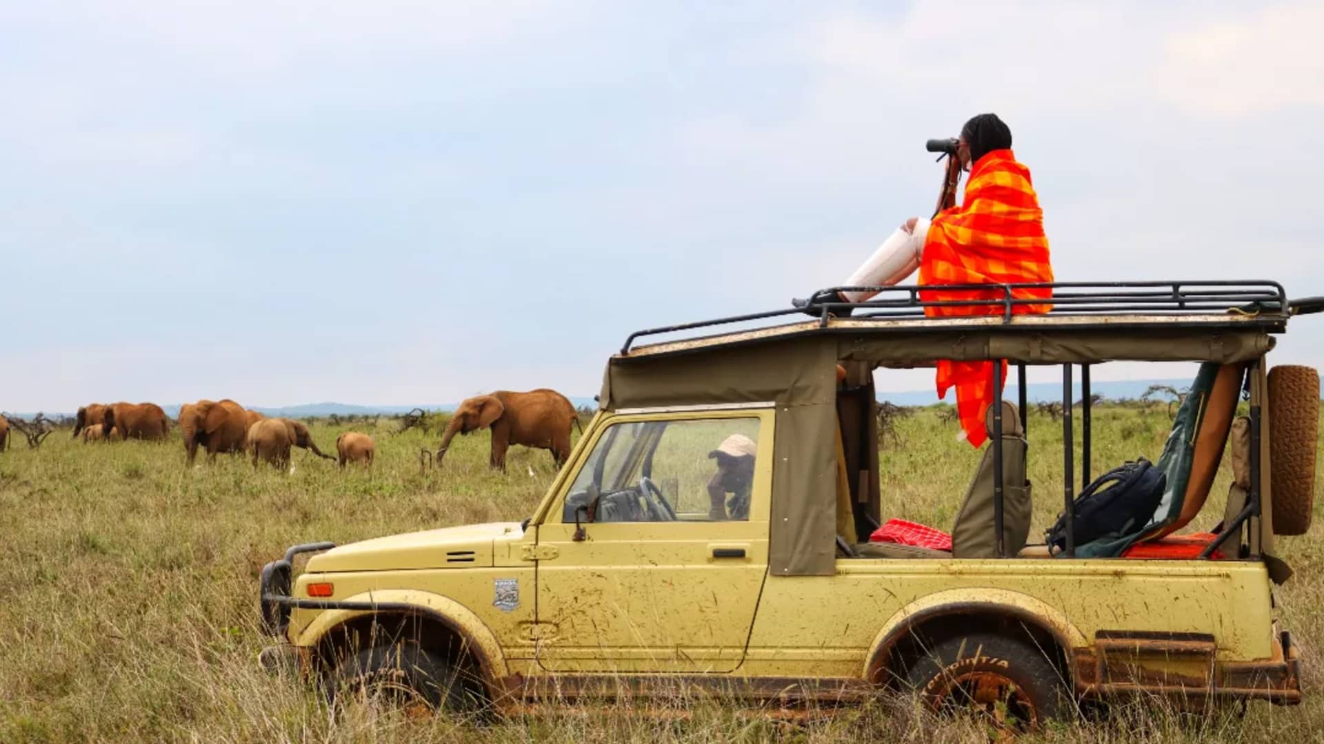Travel journalist Harriet Akinyi watches a herd of elephants in a game drive at Mugie Conservancy, Kenya.