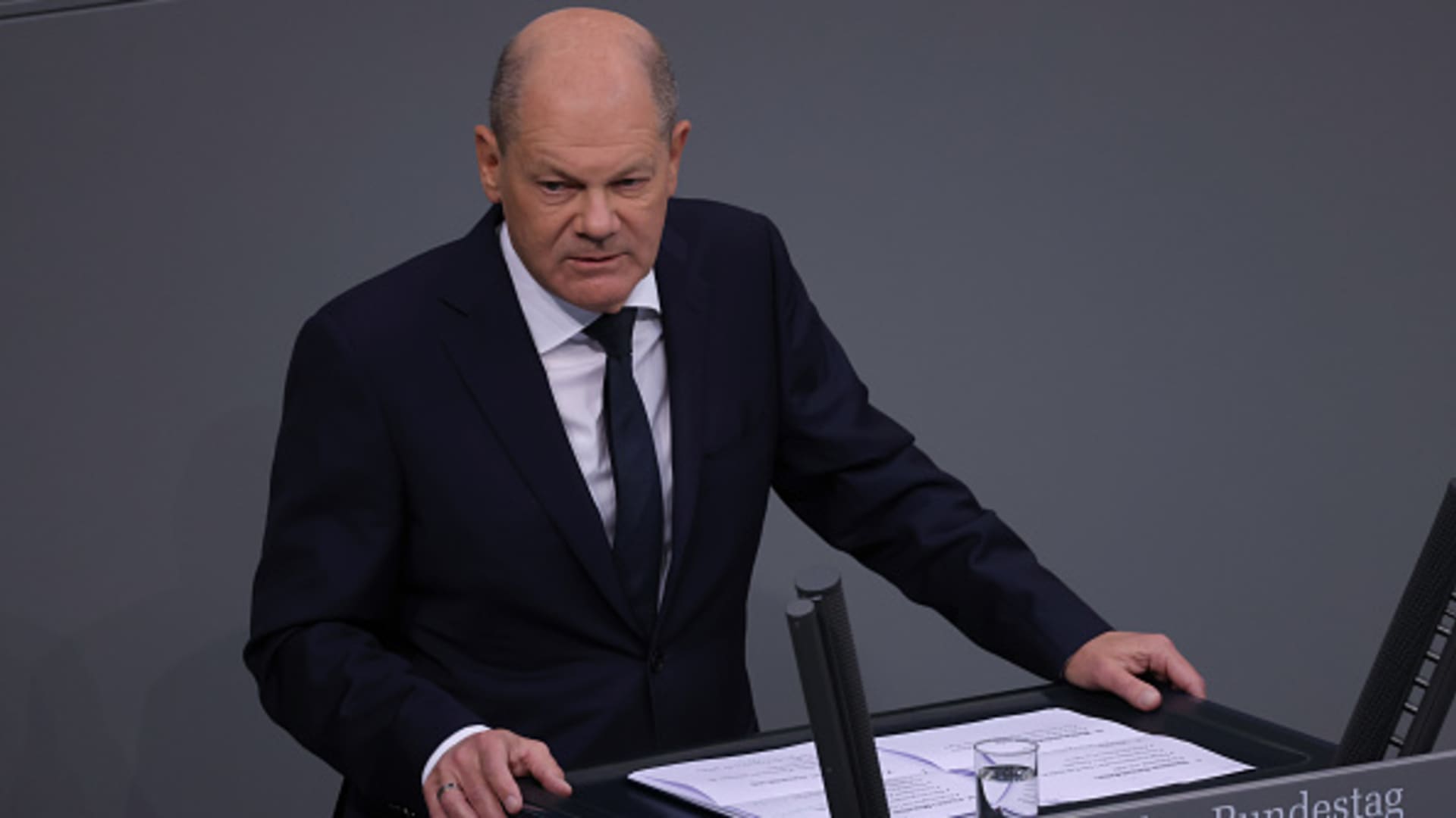 German Chancellor Olaf Scholz gives a government declaration at the Bundestag prior to an upcoming summit of the European Council on October 19, 2023 in Berlin, Germany.