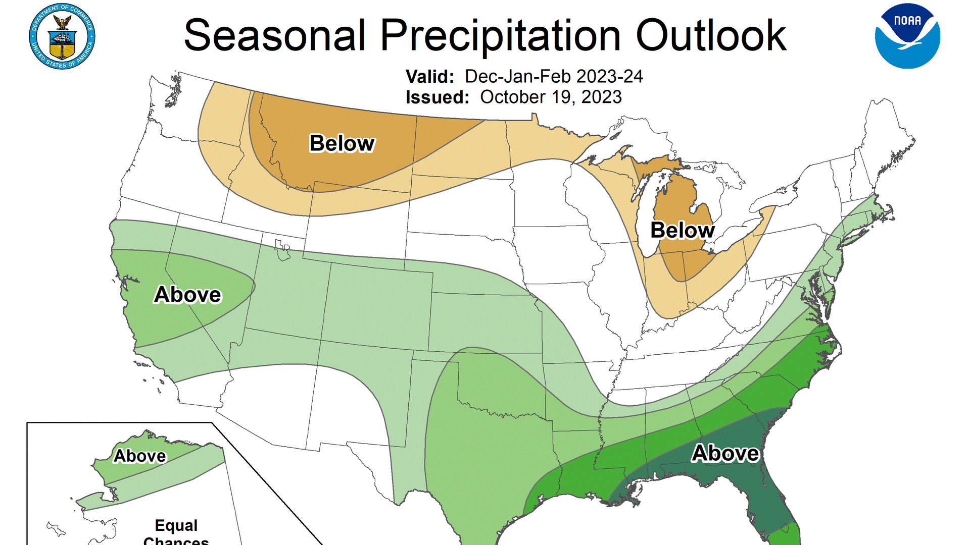 Precipitation outlook for the U.S. between December and February, according to the NOAA. 