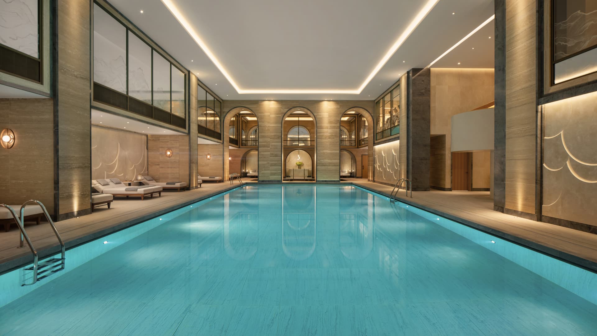 A 65-foot subterranean swimming pool at the heart of Raffles London's four-story spa, which includes nine Guerlain treatment rooms and a gym.