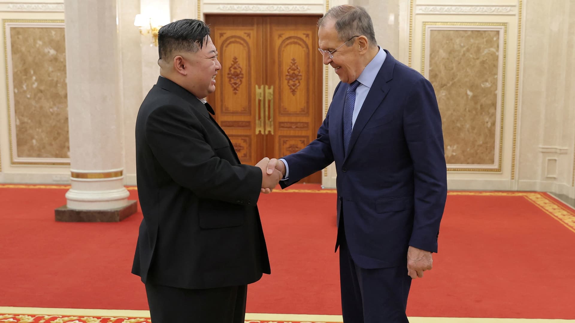 North Korean leader Kim Jong Un and Russian Foreign Minister Sergei Lavrov in Pyongyang on Oct. 19, 2023.