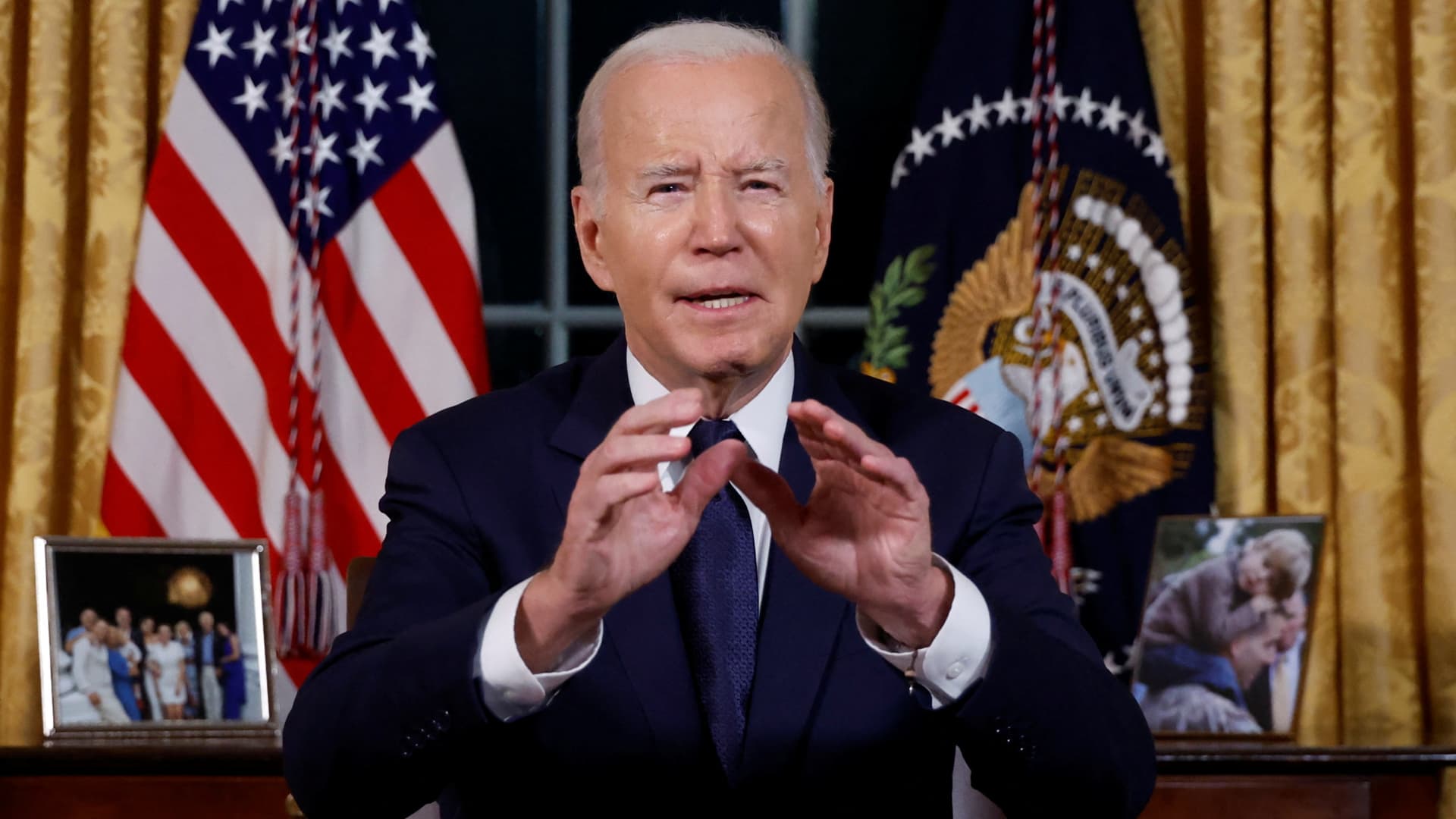 U.S. President Joe Biden delivers a prime-time address to the nation about his approaches to the conflict between Israel and Hamas, humanitarian assistance in Gaza and continued support for Ukraine in their war with Russia, from the Oval Office of the White House in Washington on Oct. 19, 2023.
