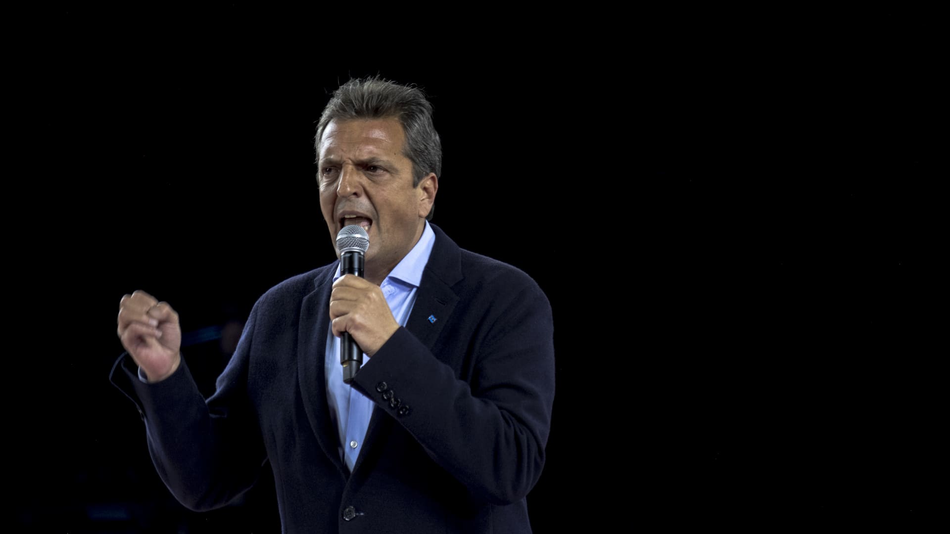 Sergio Massa, Argentina's economy minister and presidential candidate of Unity for the Homeland party, speaks during a closing campaign rally in Buenos Aires, Argentina, on Wednesday, Oct. 18, 2023.