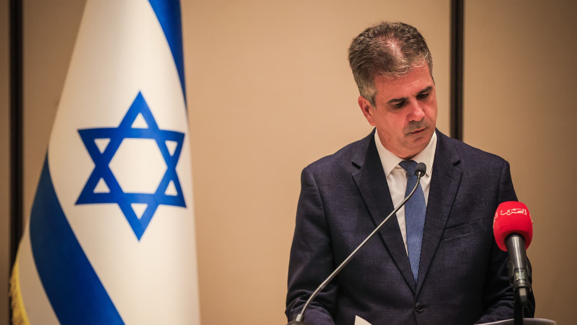 Israeli Foreign Minister Eli Cohen at a press conference on Sept. 4, 2023.