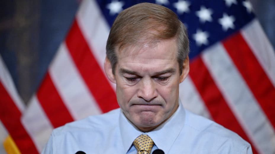 US Republican Representative from Ohio Jim Jordan speaks during a press conference at the US Capitol in Washington, DC, on October 19, 2023. Republicans lurched further into disarray October 19, 2023 as Jordan, their nominee to lead the US House of Representatives, looked incapable of securing the gavel and a plan to install an interim speaker collapsed in angry recrimination, accusations of bullying and death threats. (Photo by ANDREW CABALLERO-REYNOLDS / AFP) (Photo by ANDREW CABALLERO-REYNOLDS/AFP via Ge