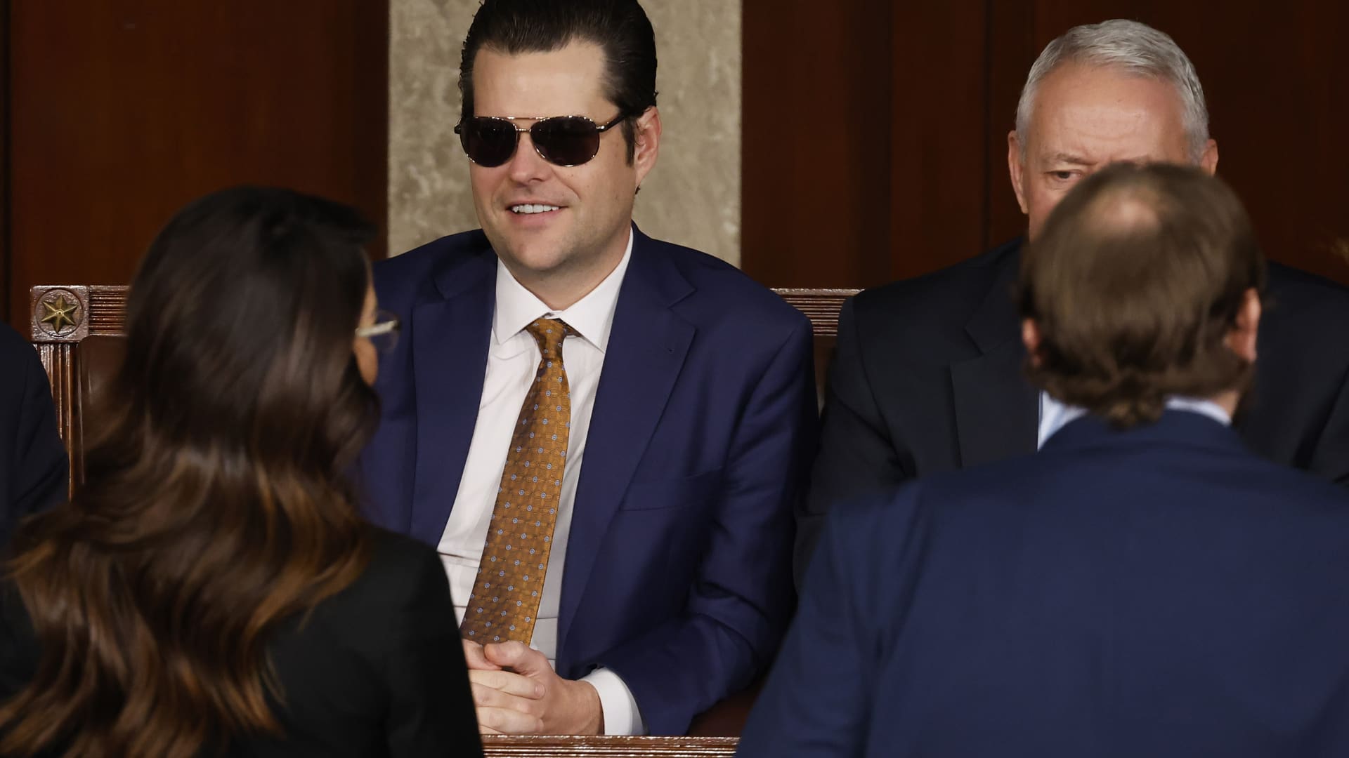 U.S. Rep. Matt Gaetz (R-FL) sits with fellow lawmakers as the House of Representatives votes for the third time on whether to elevate Rep. Jim Jordan (R-OH) to Speaker of the House in the U.S. Capitol on October 20, 2023 in Washington, DC. 