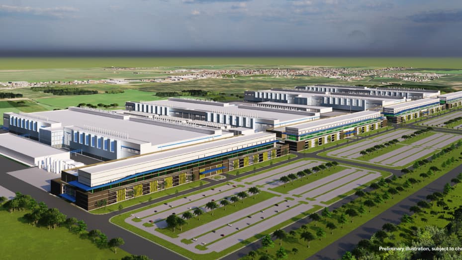 A rendering of Micron's planned four memory chip fabs it will build north of Syracuse, New York, spending $100 billion over the next 20 years.