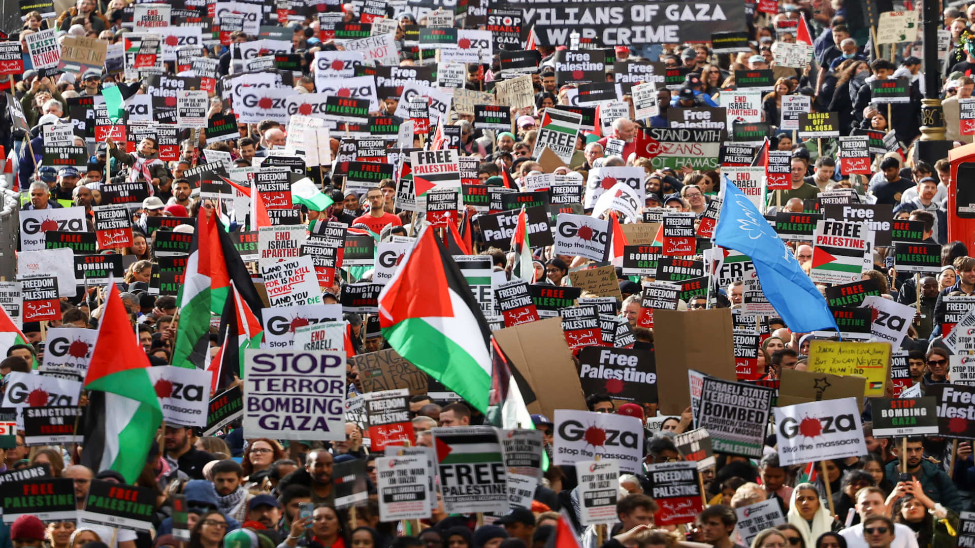 Demonstrators protest in solidarity with Palestinians in Gaza, amid the ongoing conflict between Israel and the Palestinian Islamist group Hamas, in London, Britain, on Oct. 21, 2023.