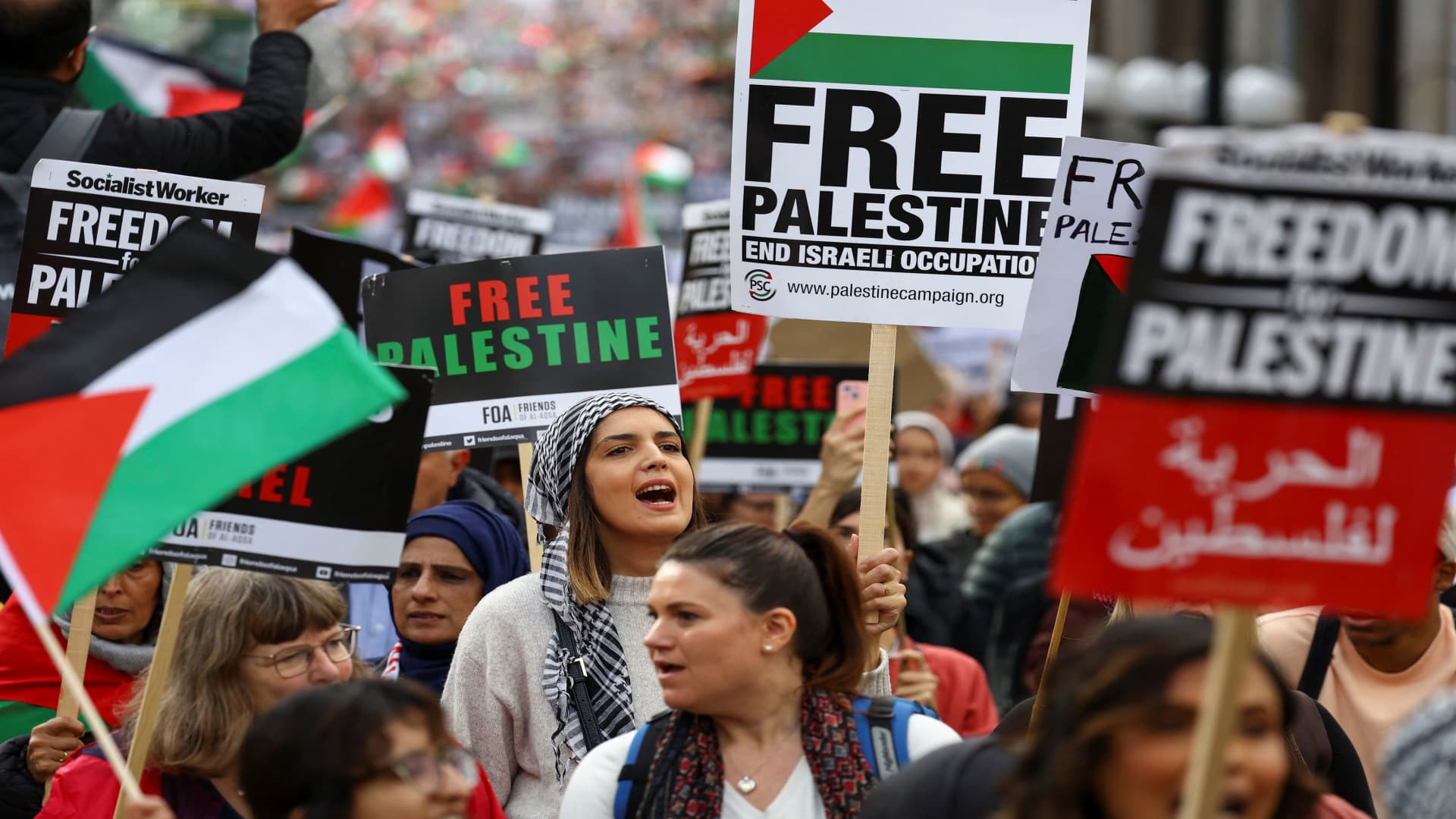 Demonstrators protest in solidarity with Palestinians in Gaza, amid the ongoing conflict between Israel and the Palestinian Islamist group Hamas, in London, Britain on Oct. 21, 2023.