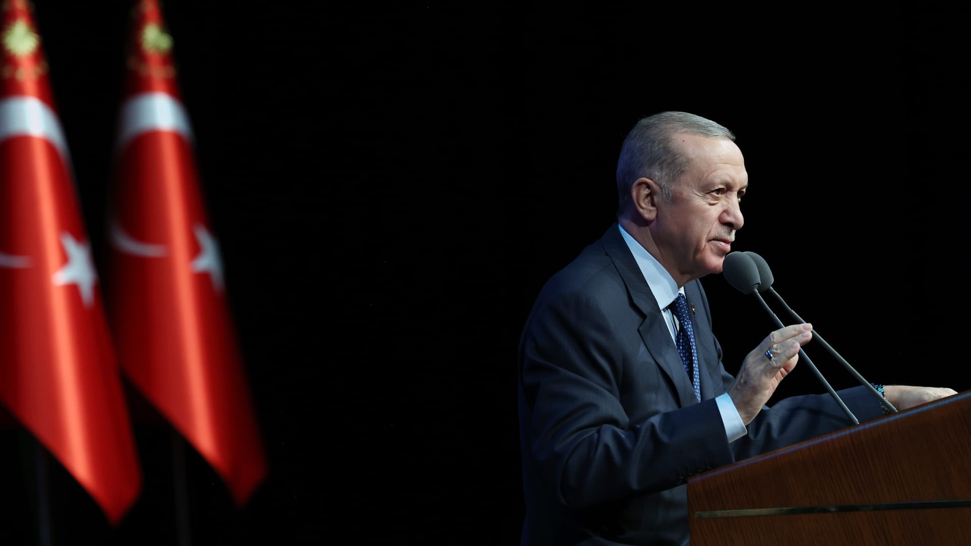 Turkish President Recep Tayyip Erdogan delivers remarks during the Turkiye Youth Foundation's Branches Gathering at Bestepe Nation's Convention and Culture Center in Ankara, Turkiye on October 12, 2023.
