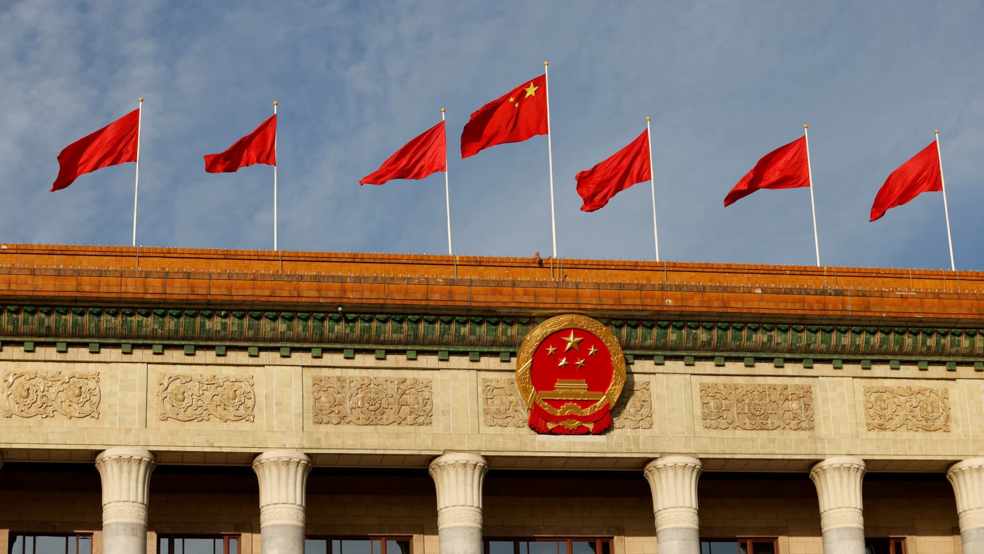 A Chinese flag flutters on top of the Great Hall of the People ahead of the opening ceremony of the Belt and Road Forum (BRF), to mark 10th anniversary of the Belt and Road Initiative, in Beijing, China October 18, 2023.