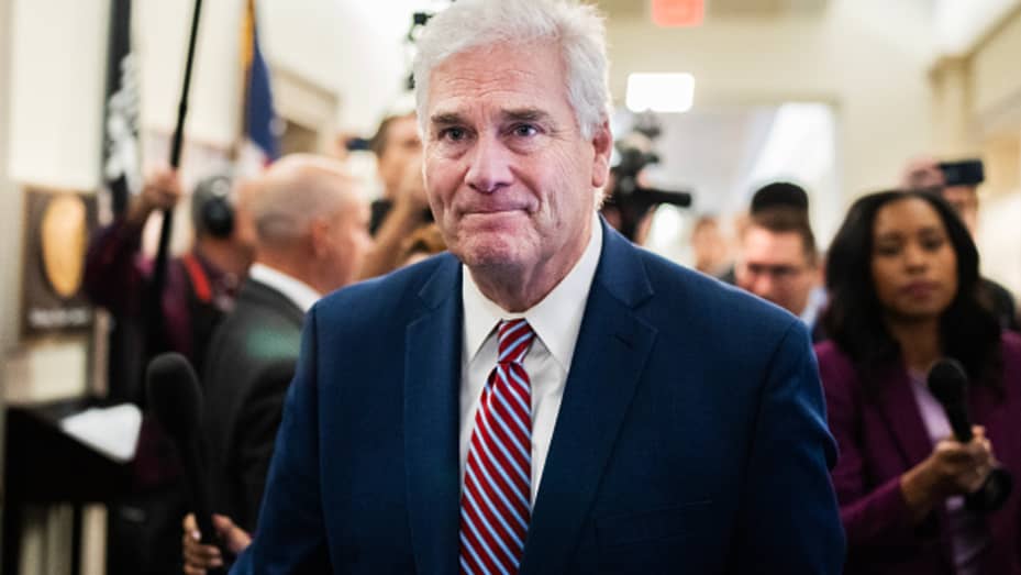 House Majority Whip Tom Emmer, R-Minn., candidate for speaker of the House, is seen outside a House Republican Conference speaker election meeting in Longworth Building on Tuesday, October 24, 2023.