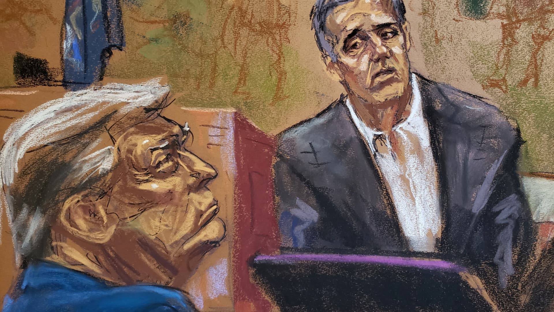 In this courtroom sketch, Michael Cohen looks toward former U.S. President Donald Trump as he is questioned by a lawyer for the attorney general's office, during the Trump Organization civil fraud trial in New York State Supreme Court in the Manhattan borough of New York City on Oct. 24, 2023.