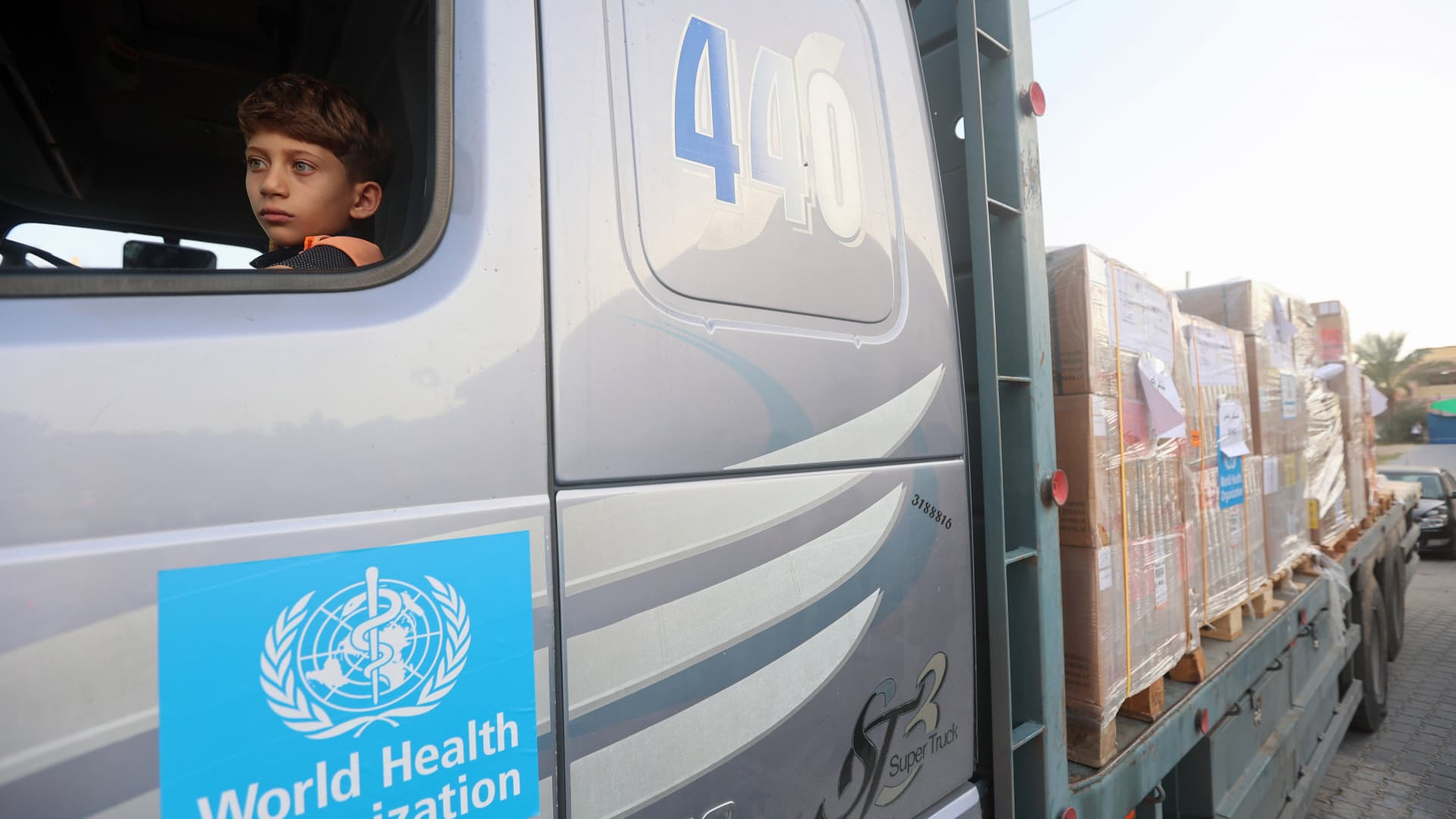A World Health Organization truck at the Nasser Hospital in Khan Yunis in the southern Gaza Strip.