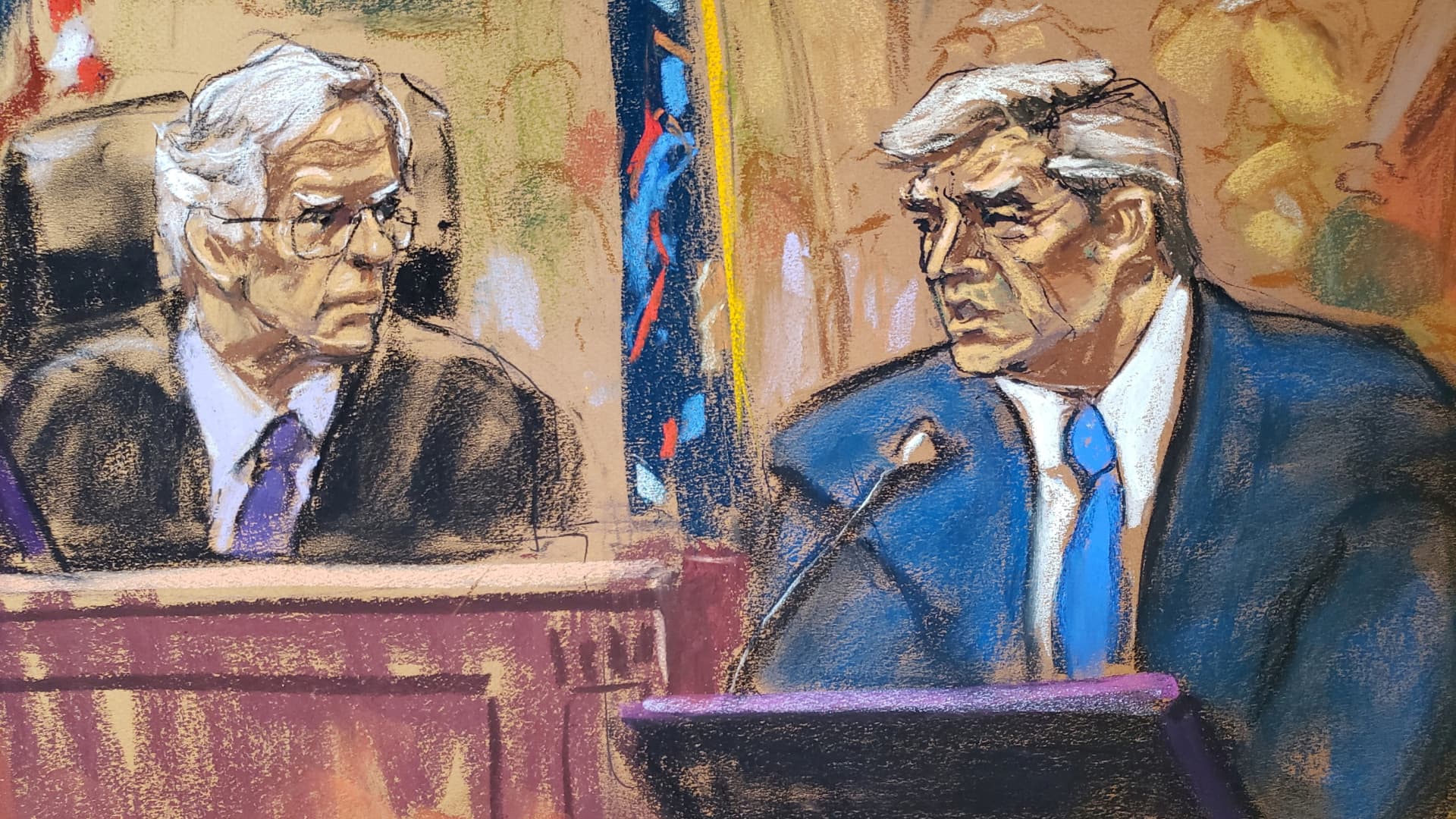 Former U.S. President Donald Trump is questioned by Judge Arthur F. Engoron before being fined $10,000 for violating a gag order for a second time, during the Trump Organization civil fraud trial in New York State Supreme Court in the Manhattan borough of New York City, U.S., October 25, 2023 in this courtroom sketch. 