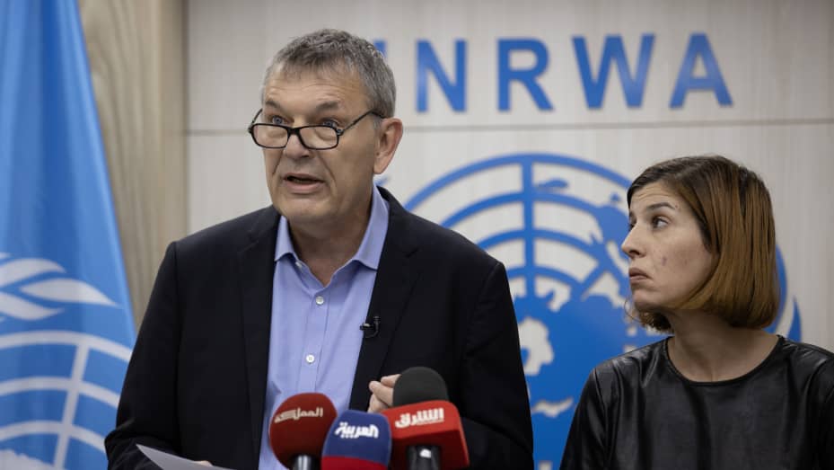Philippe Lazzarini, Commissioner-General of the United Nations Relief and Works Agency for Palestine Refugees in the Near East (UNRWA) holds press conference in Jerusalem on October 27, 2023.