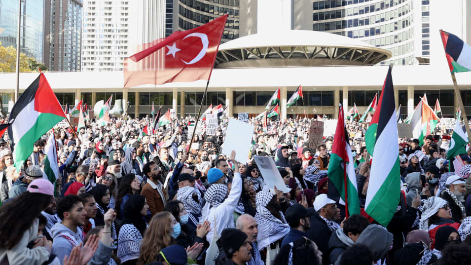 Thousands take part in a pro-Palestinian demonstration in Nathan Phillips Square on October 28, 2023 in Toronto, Ontario, Canada.