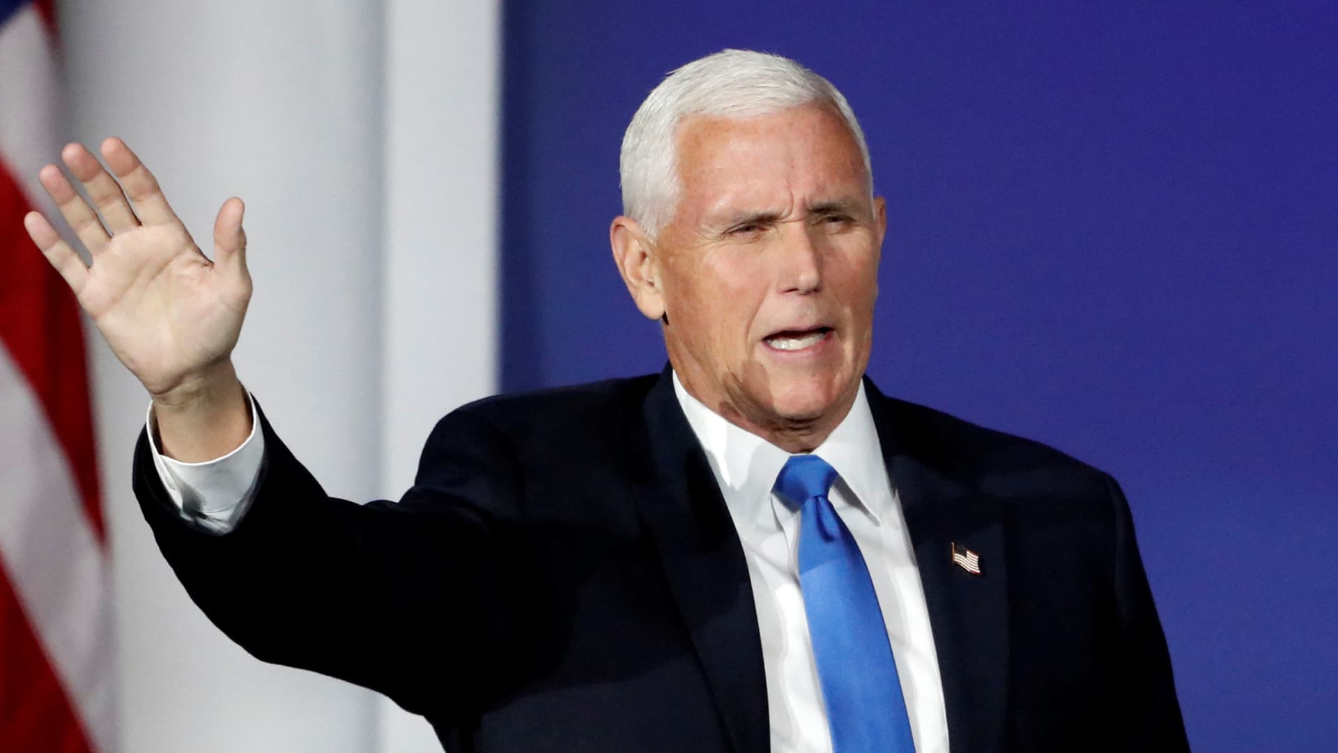 Former U.S. Vice President Mike Pence arrives to speak at the Republican Jewish Coalition Annual Leadership Summit in Las Vegas, Nevada, U.S. October 28, 2023. 