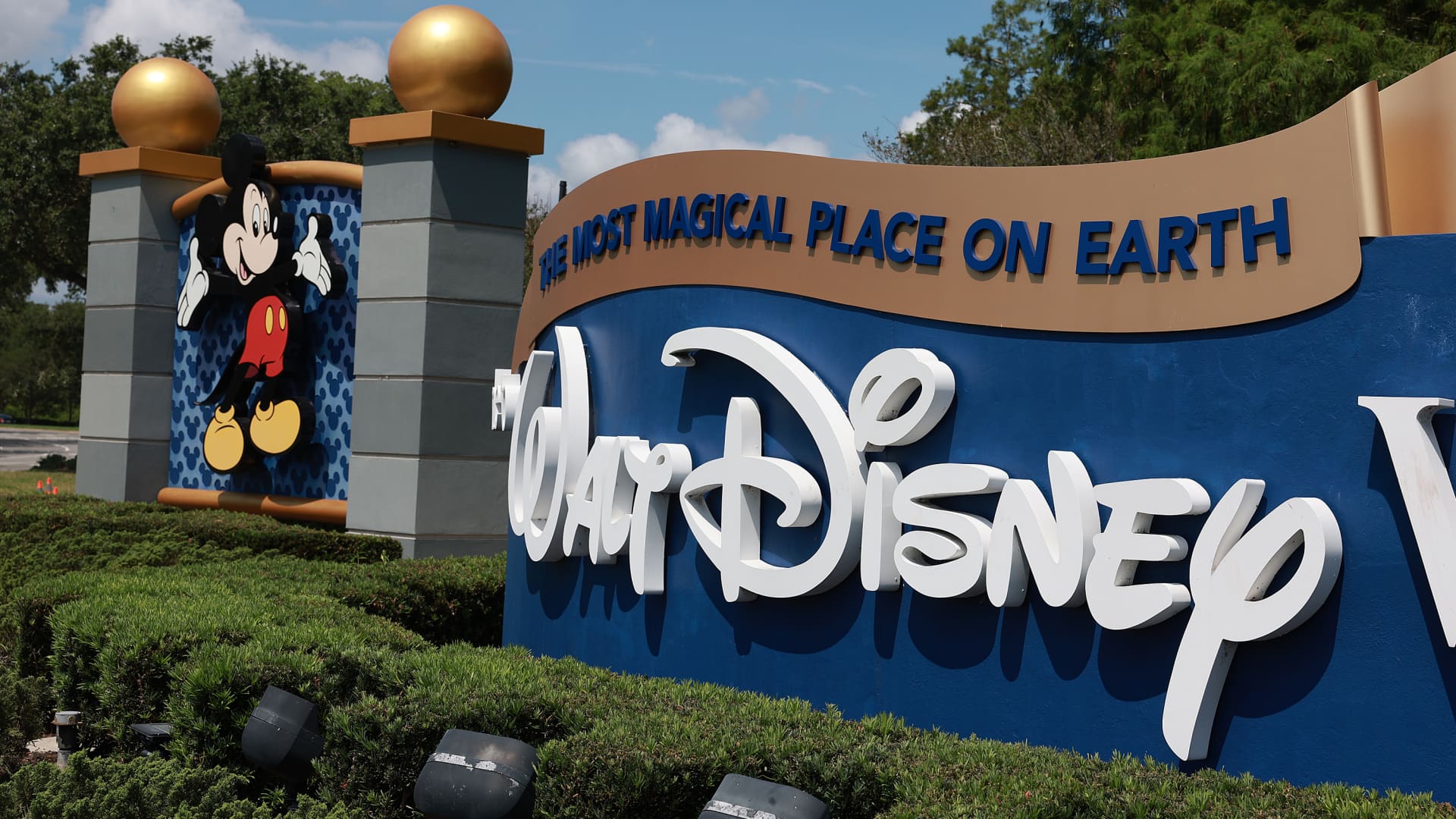 A sign near an entranceway to Walt Disney World on MAY 22, 2023 in Orlando, Florida.