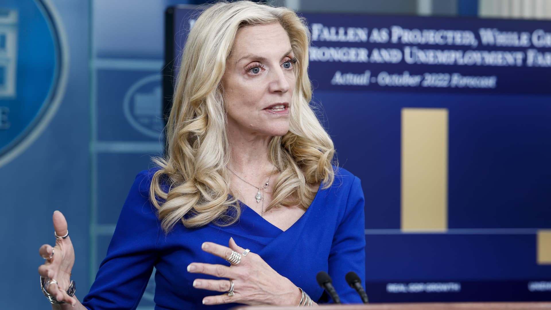 National Economic Council Director Lael Brainard speaks during the daily press briefing at the White House on Oct. 26, 2023.