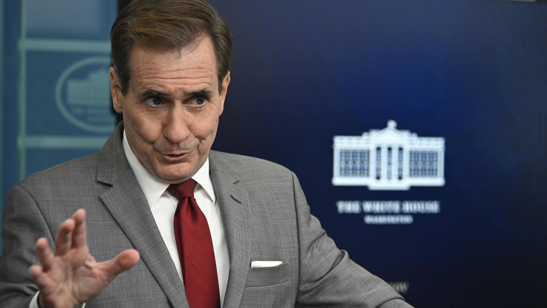 National Security Council Coordinator for Strategic Communications John Kirby speaks during the daily briefing in the Brady Briefing Room of the White House in Washington, DC, on October 31, 2023.