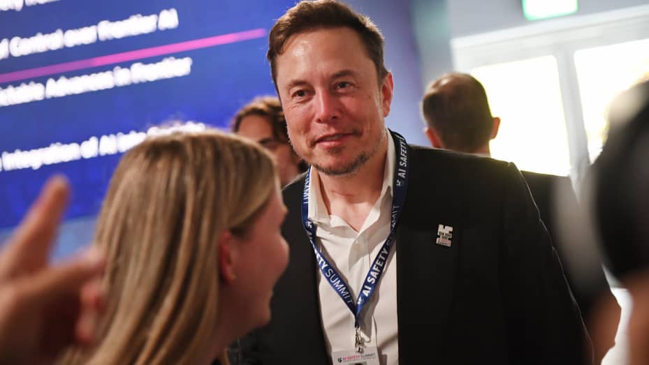 Elon Musk, chief executive officer of Tesla Inc., at the AI Safety Summit 2023 at Bletchley Park in Bletchley, UK, on Wednesday, Nov. 1, 2023.