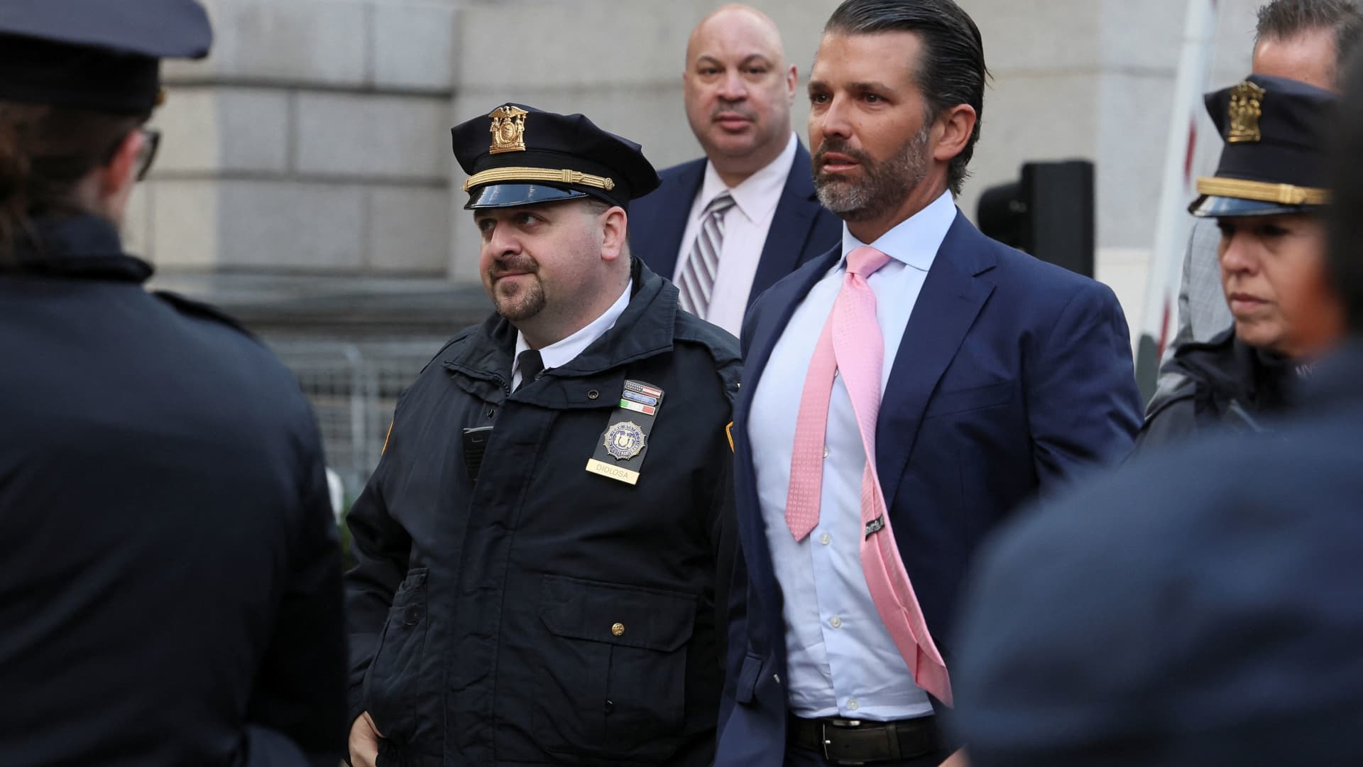 Former U.S. President Donald Trump's son and co-defendant, Donald Trump Jr., arrives to attend the Trump Organization civil fraud trial, in New York State Supreme Court in the Manhattan borough of New York City, U.S., November 1, 2023.