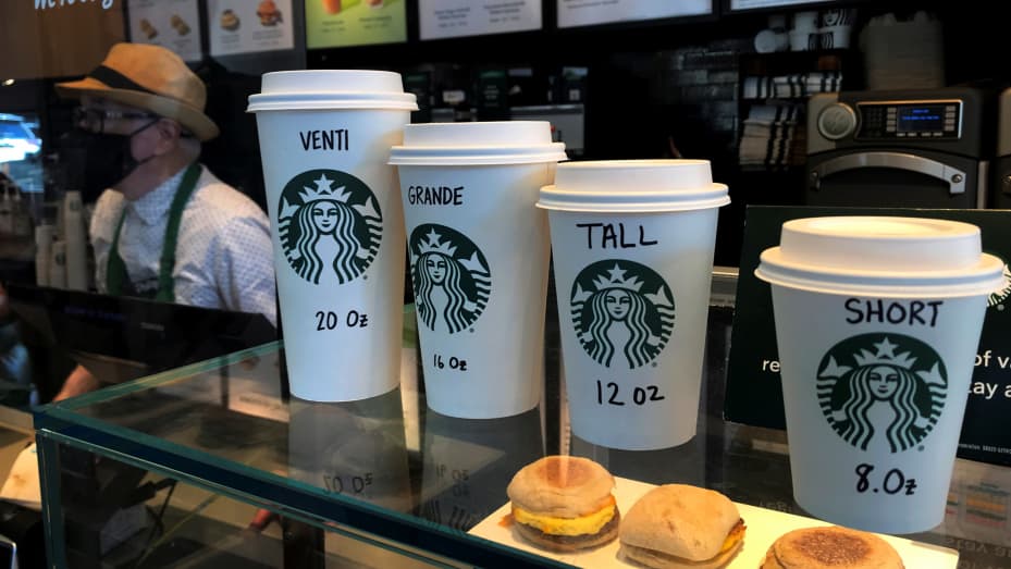Starbucks cups are pictured on a counter in the Manhattan borough of New York City, New York, U.S., February 16, 2022. REUTERS/Carlo Allegri