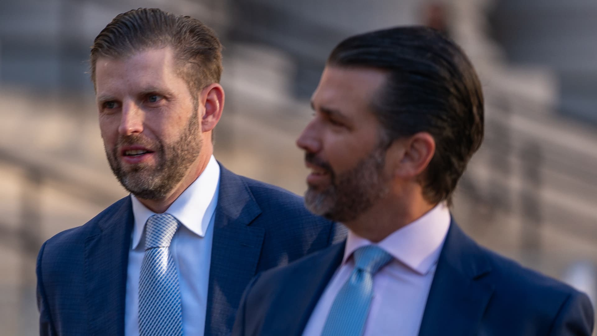 Donald Trump Jr. and his brother Eric Trump arrive at New York Supreme Court for former President Donald Trump's civil fraud trial in New York City on Nov. 2, 2023.