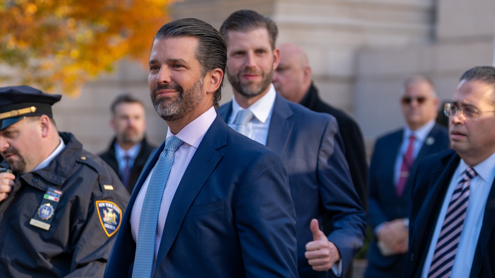Donald Trump Jr. and his brother Eric Trump arrive at New York Supreme Court for former President Donald Trump's civil fraud trial on November 02, 2023 in New York City. 