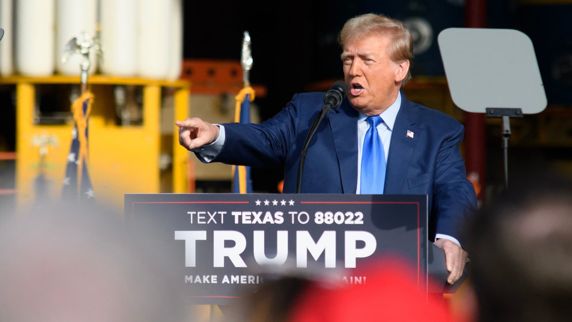 Former US President and 2024 Republican Presidential hopeful Donald Trump speaks during a campaign event at Trendsetter Engineering, Inc. in Houston, Texas, on November 2, 2023.
