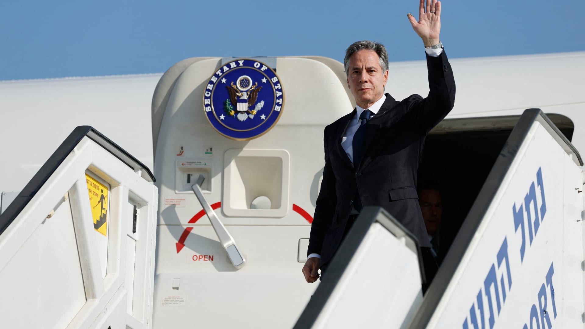 US Secretary of State Antony Blinken disembarks from an aircraft for the start of his visit to Israel, amid the ongoing conflict between Israel and the Palestinian Islamist group Hamas on November 3, 2023.