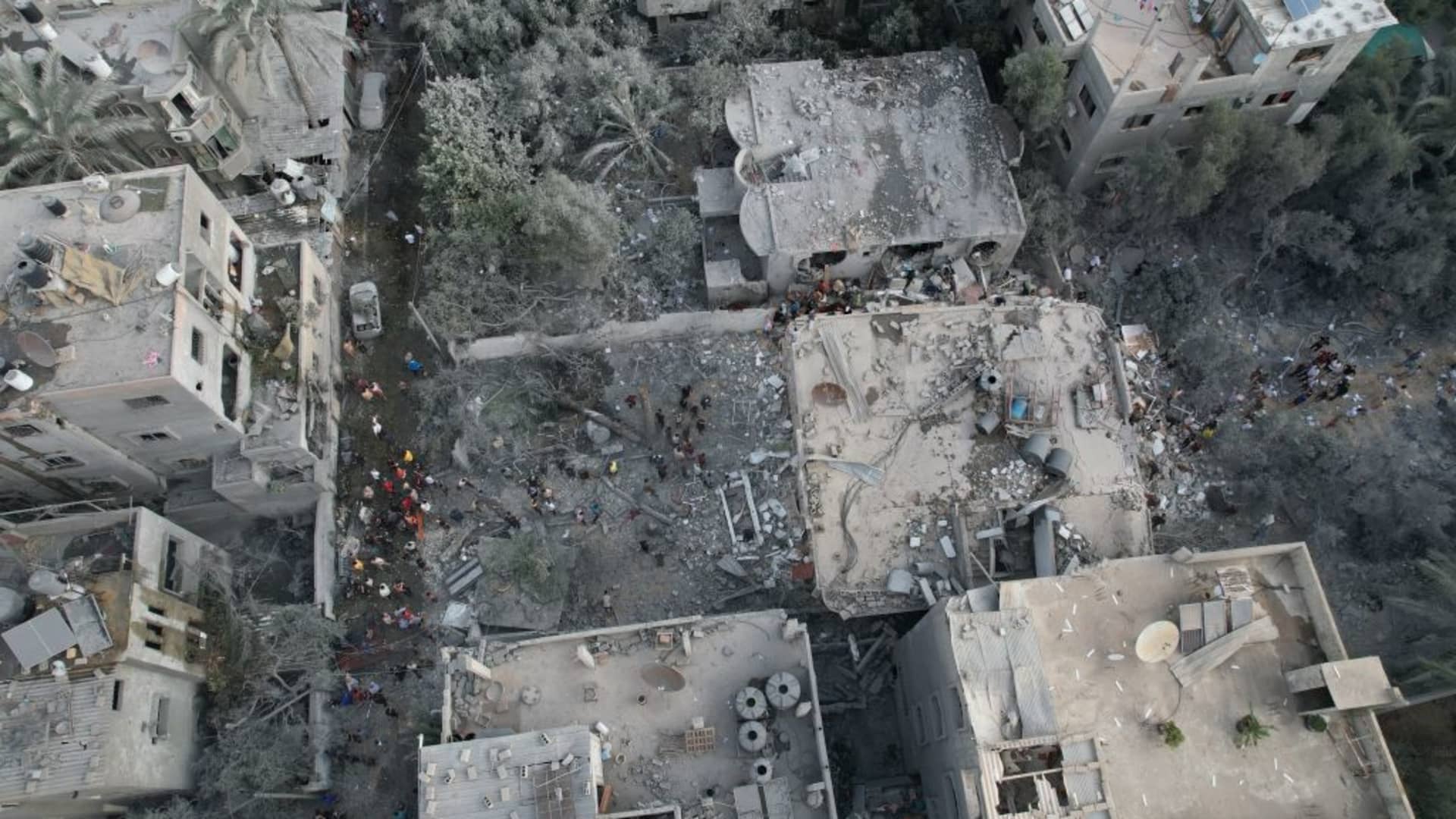 An aerial view of civil defense teams and residents launching a search and rescue operation after Israeli attacks hit settlements at the Maghazi Refugee Camp, in Gaza Strip, Gaza on November 02, 2023.