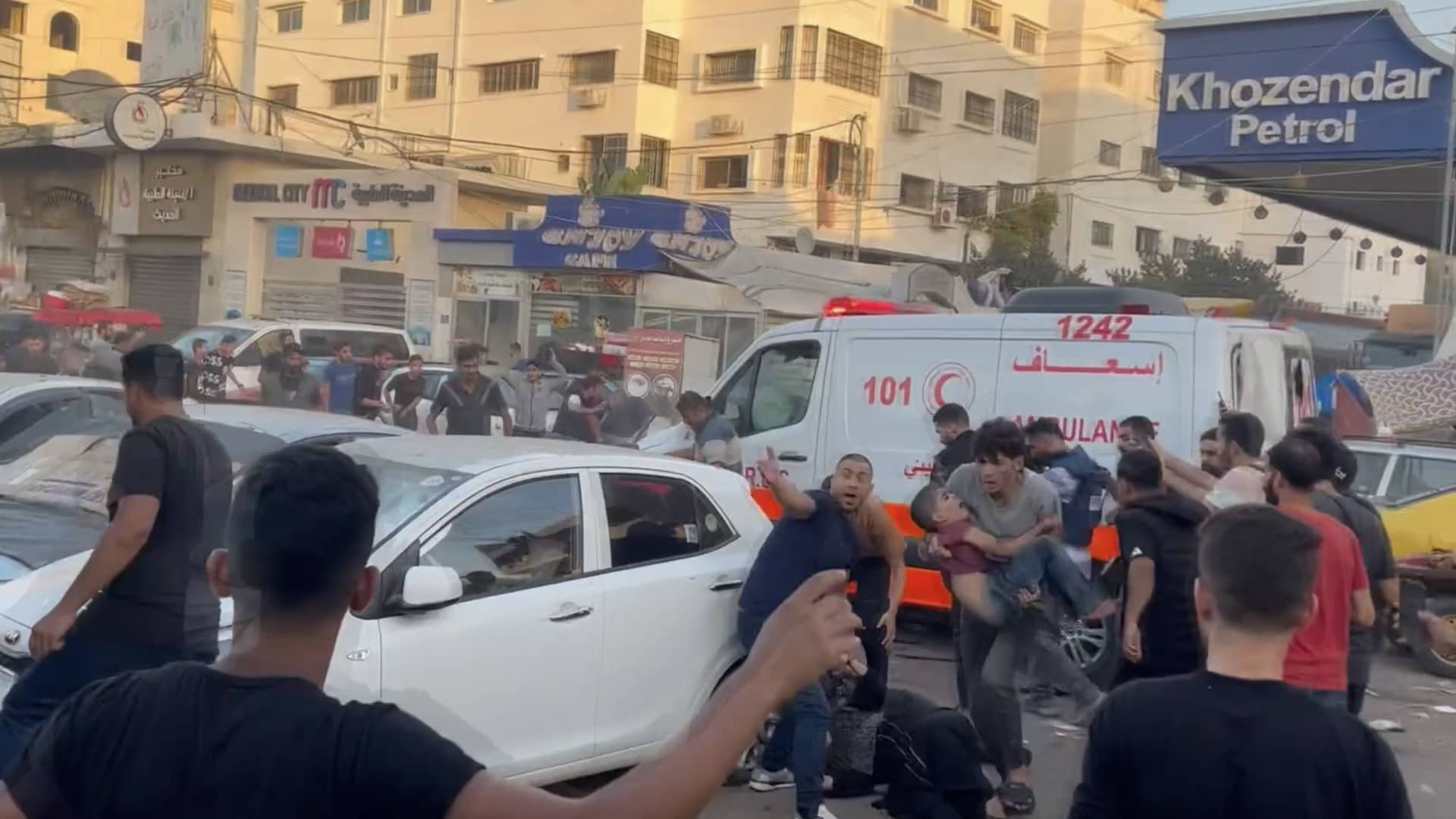 (EDITORS NOTE: Image depicts graphic content) A screen grab captured from a video shows a street following the Israeli attacks on the entrance of the Al-Shifa Hospital in Gaza City, Gaza on November 3, 2023.